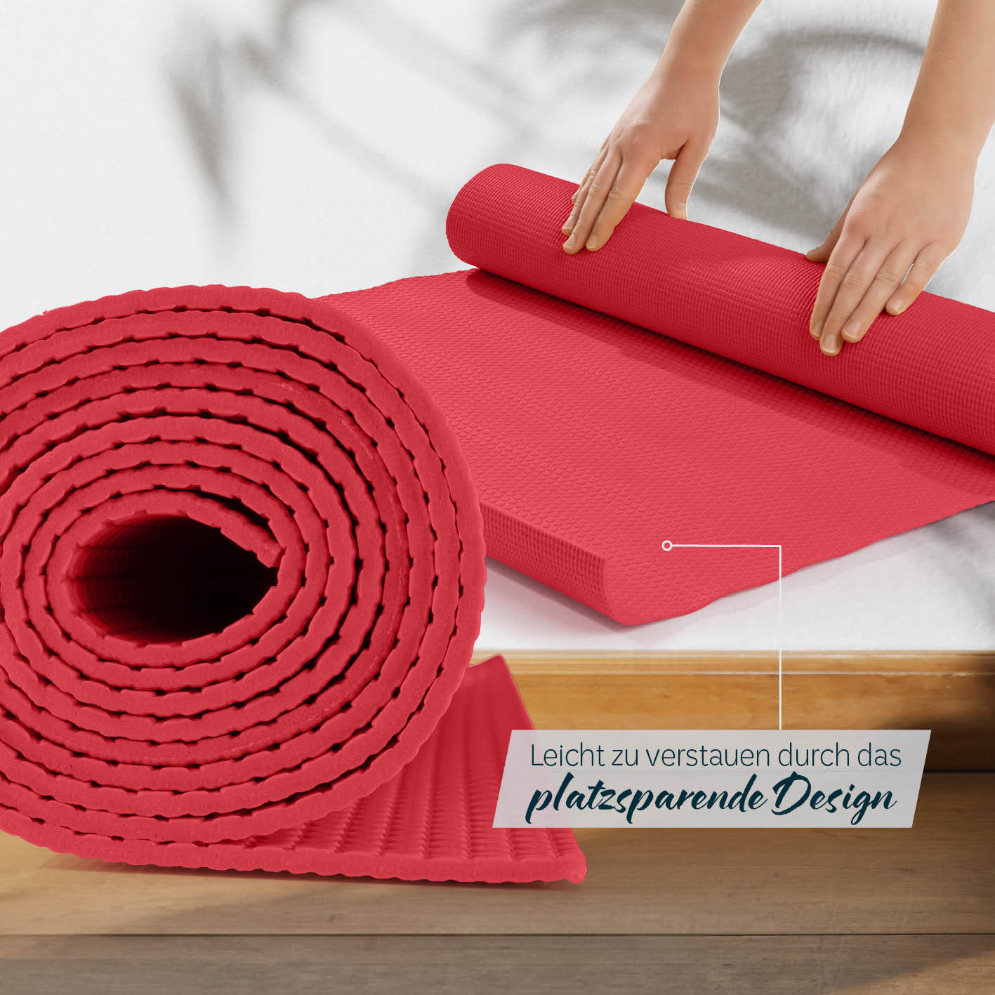 Yogamatte Kirana - 183 x 61 x 0,4 cm - Himbeerrot, weich, rutschfest und platzsparend durch flexibles Design.