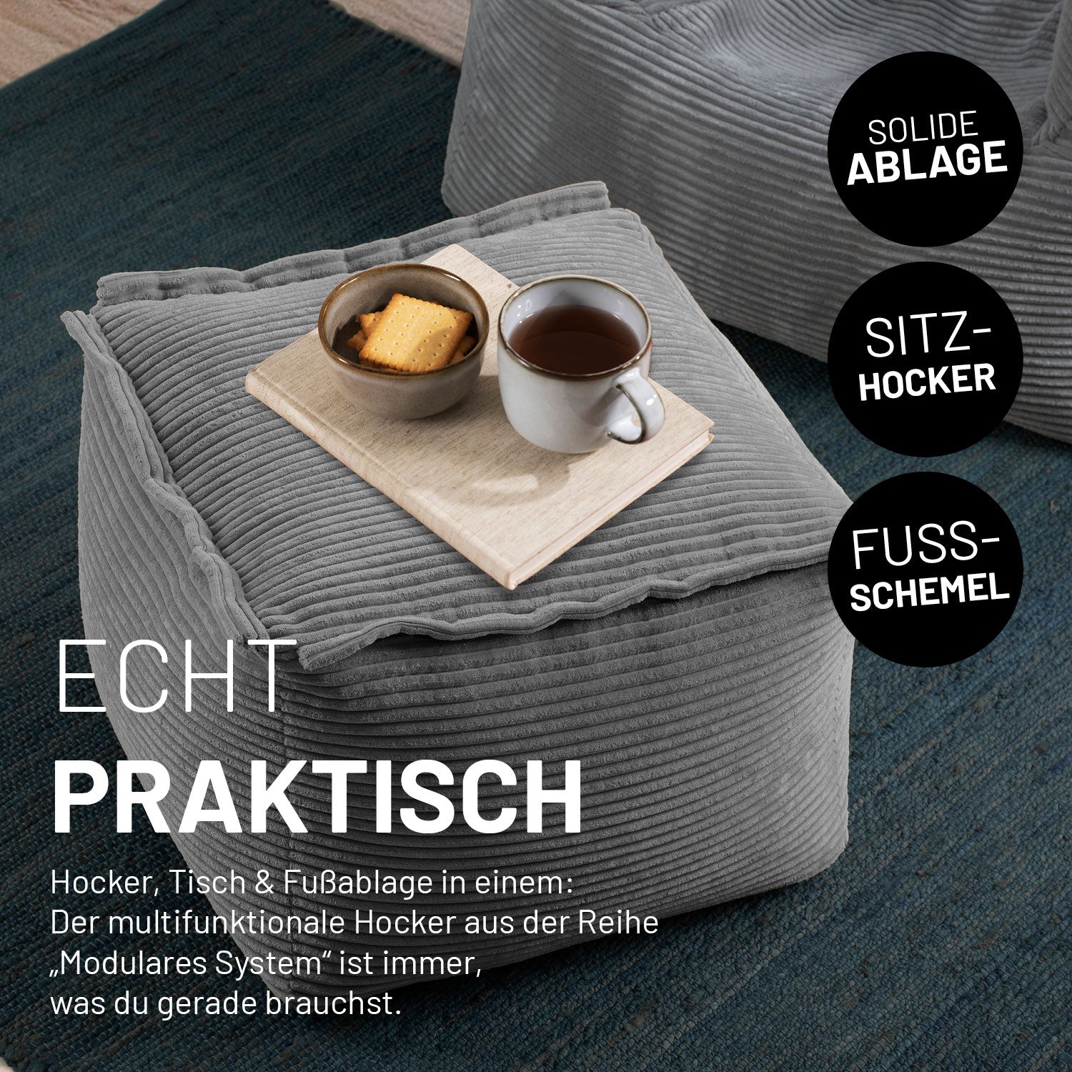 Modularer Sitzsack-Hocker aus der Cord-Reihe - Grau als multifunktionaler Hocker, Tisch und Fußschemel in modernem Design.
