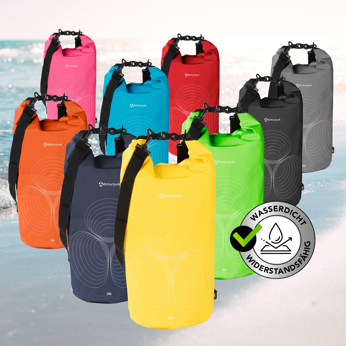 Dry Bag 20L - Gelb, wasserdichter, robuster Outdoor-Rucksack mit UV-Schutz und verstellbarem Schultergurt, ideal für Wassersport und Camping.