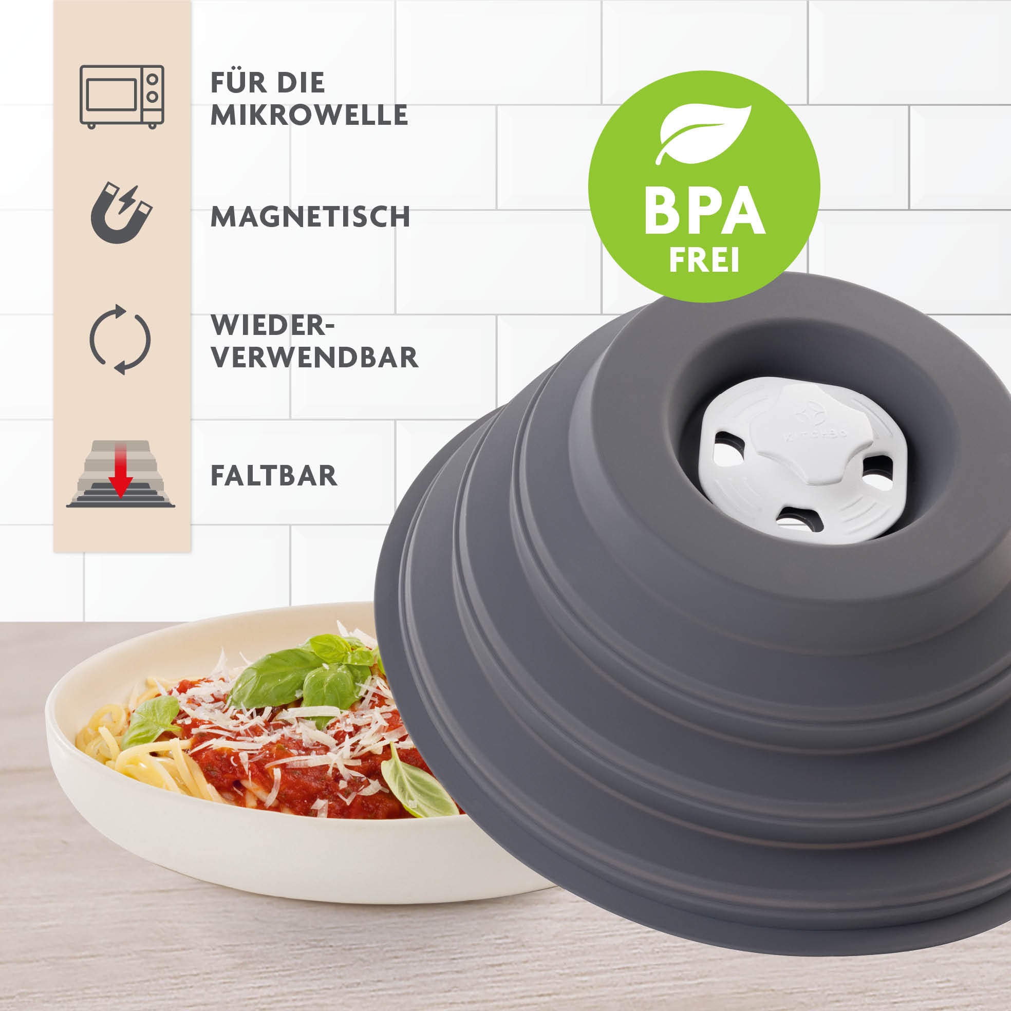 Faltbare Mikrowellenhaube mit Magnet, BPA-frei, faltbar, magnetisch, wiederverwendbar, ideal zum Abdecken von Speisen in der Mikrowelle.