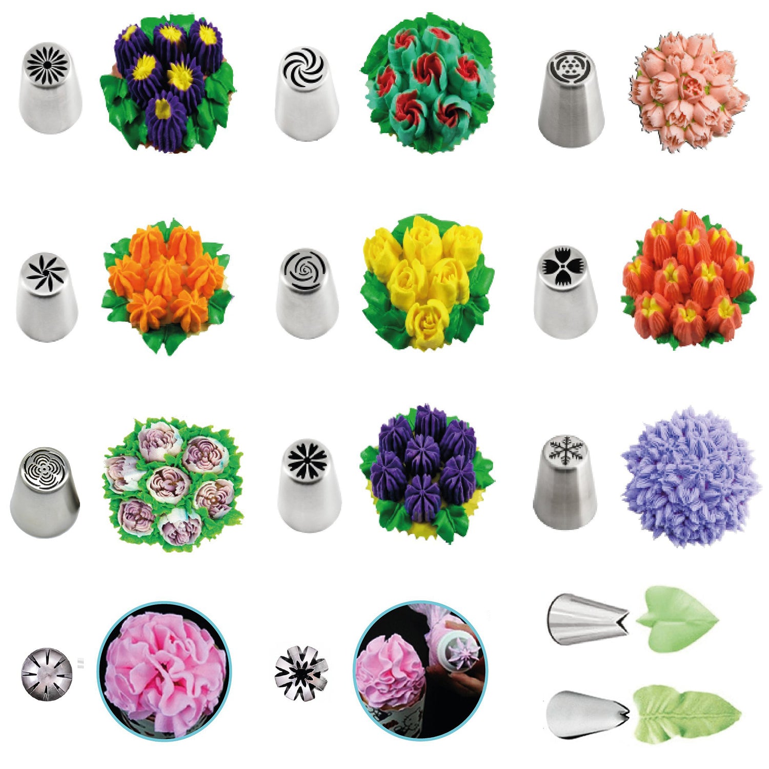 Spritztüllen-Set - 38-teilig mit Edelstahltüllen für vielfältige Tortendekorationen wie Blumen, Blätter und andere Motive.