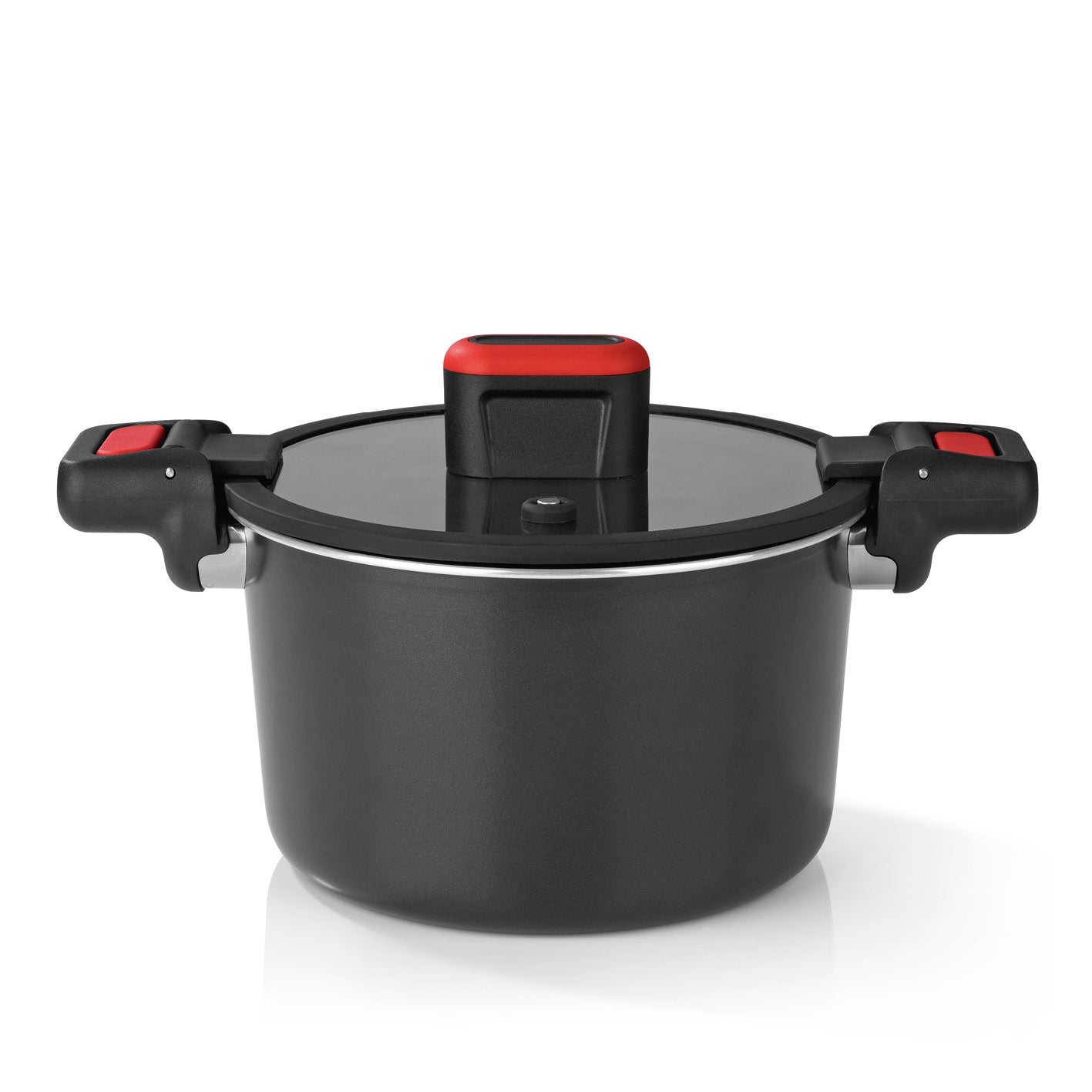 Energiespartopf Aluminium 5,8l schwarz/rot mit Antihaftbeschichtung, hitzebeständigen Griffen und energiesparendem Thermoboden.