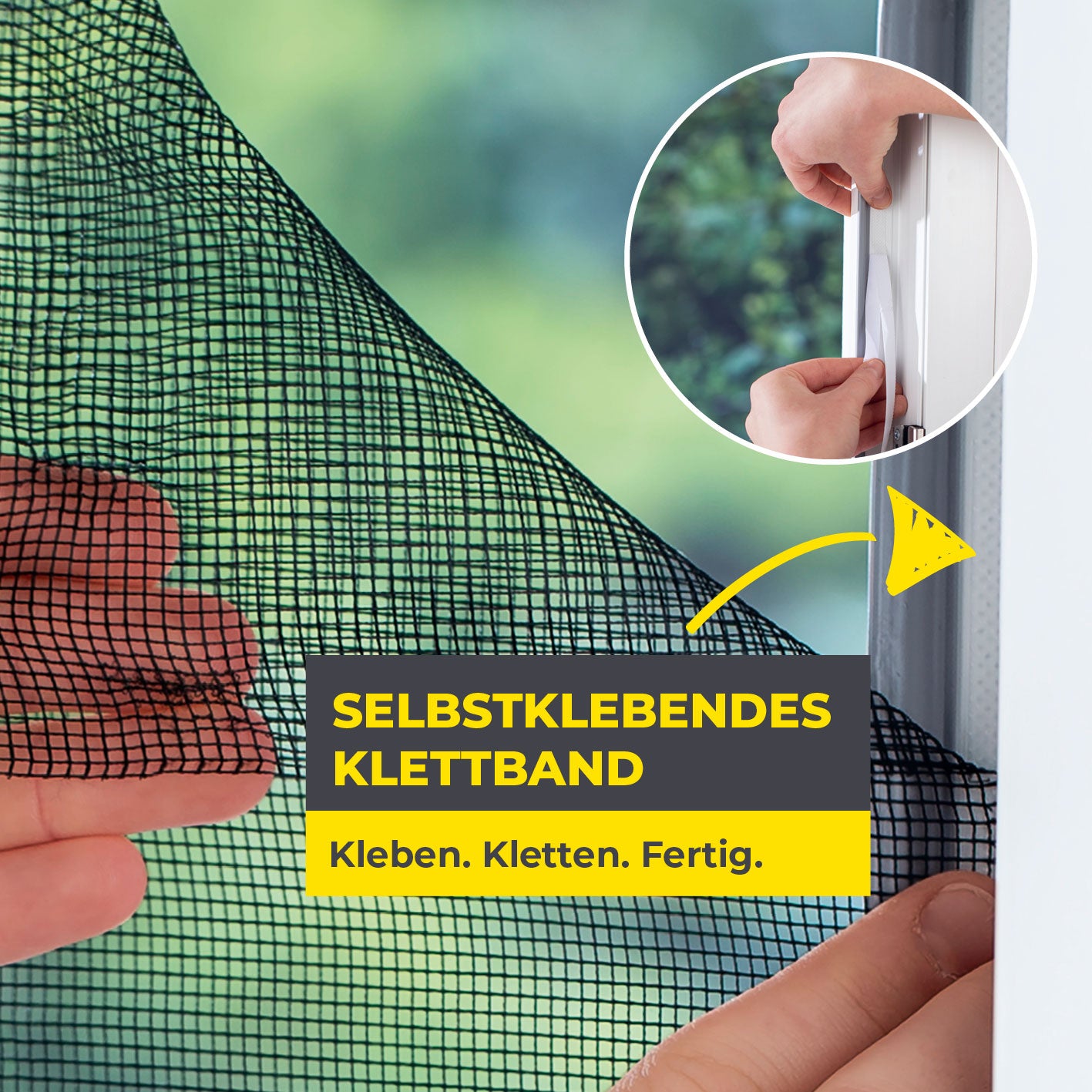 Insektenschutzgitter mit Klettbefestigung - 2er-Set mit selbstklebendem Klettband zur einfachen und bohrfreien Montage am Fensterrahmen.
