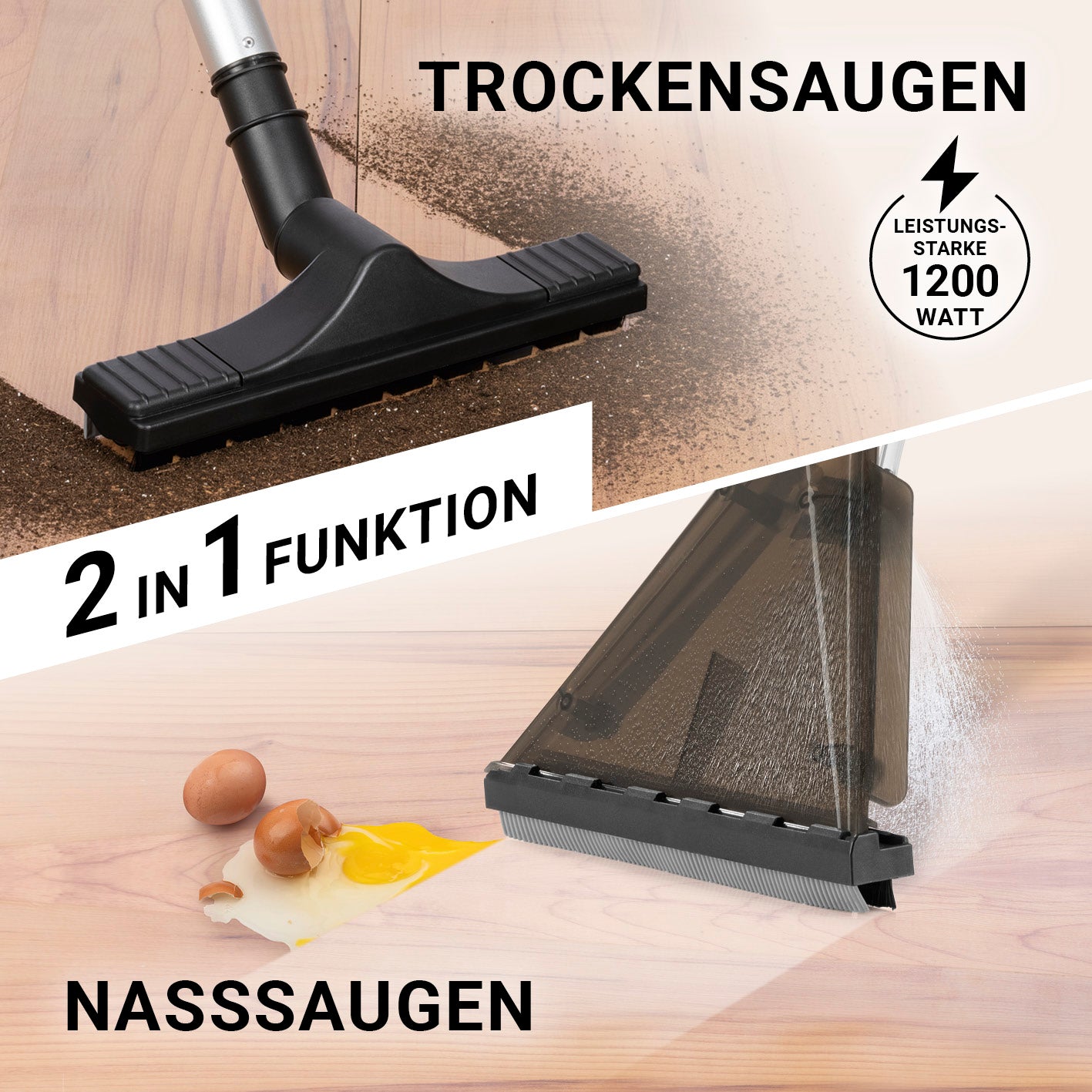 Sprüh- und Waschsauger Power Clean zeigt Trockensaugen von Schmutz und Nasssaugen von Flüssigkeiten mit 2in1 Funktion.