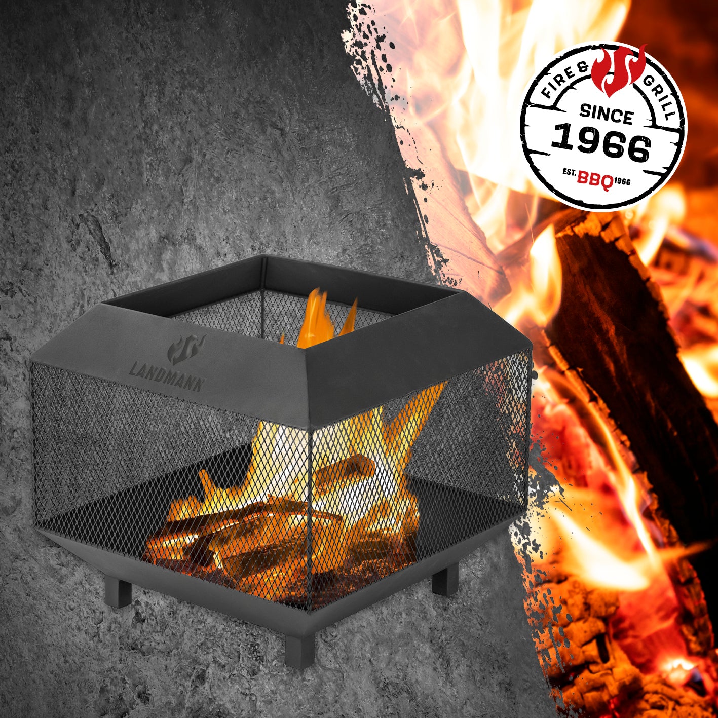 Feuerkorb Cube aus pulverbeschichtetem Stahl mit Netzd Design, Funkenschutz und stabilem Stand für Garten und Terrasse.