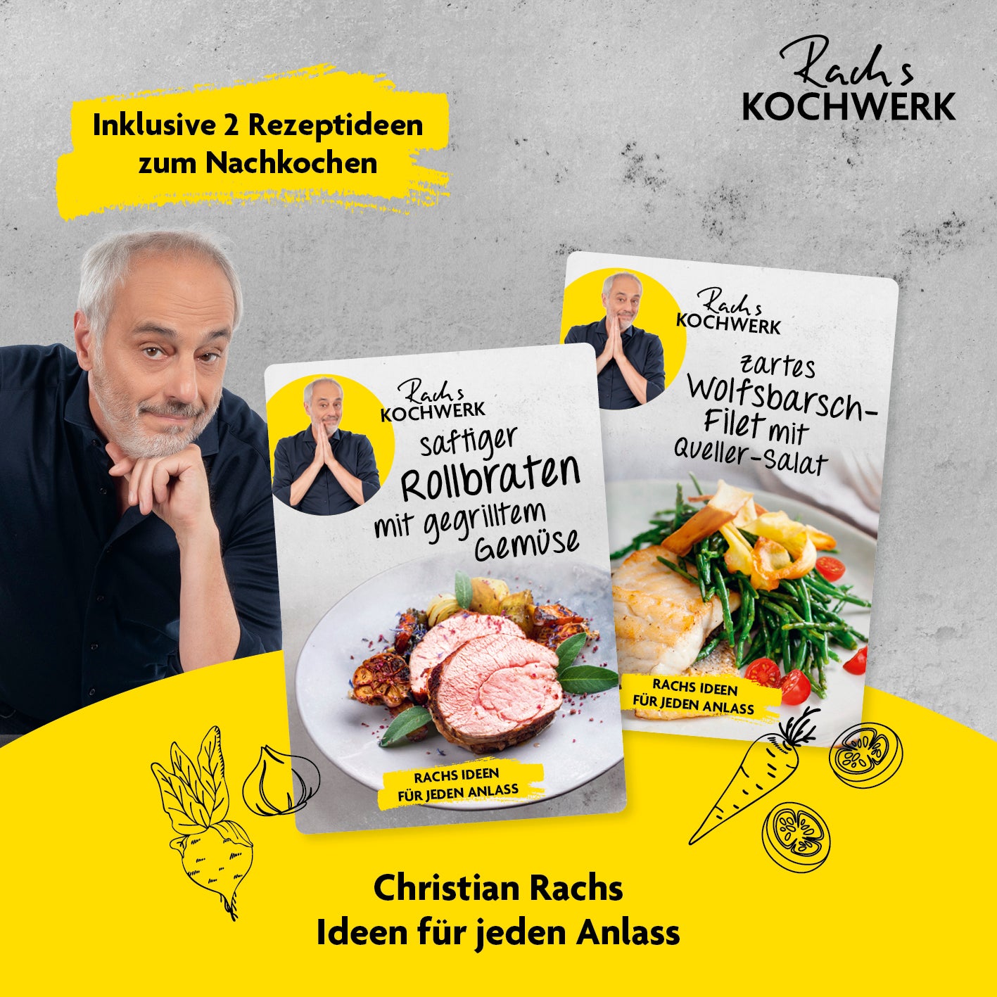 Heißluft-Fritteuse Vario-Doppelkammer 9l mit Rezeptideen von Christian Rach für saftigen Rollbraten und Wolfsbarsch-Filet.