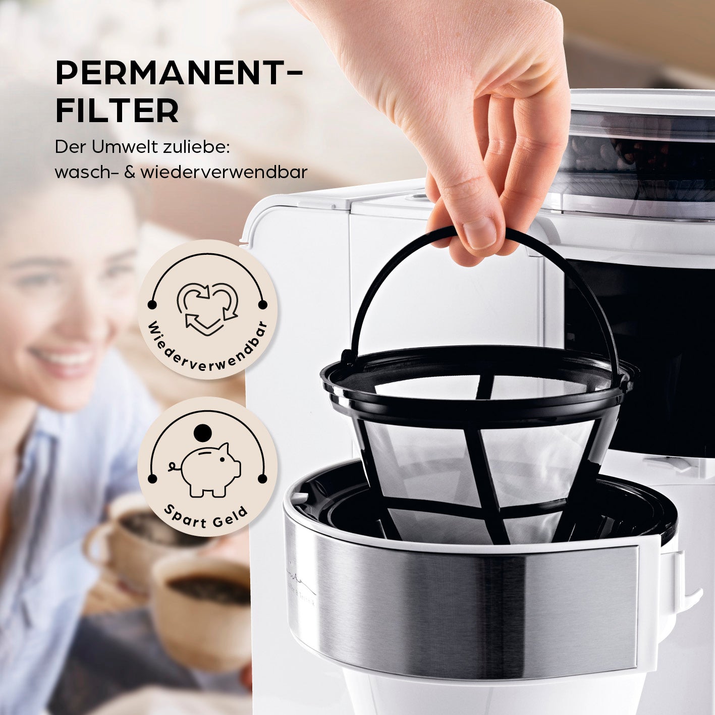 Filterkaffeemaschine Touch Iso mit Mahlwerk - Weiß mit waschbarem Permanentfilter für nachhaltigen Kaffeegenuss ohne Filterpapier.