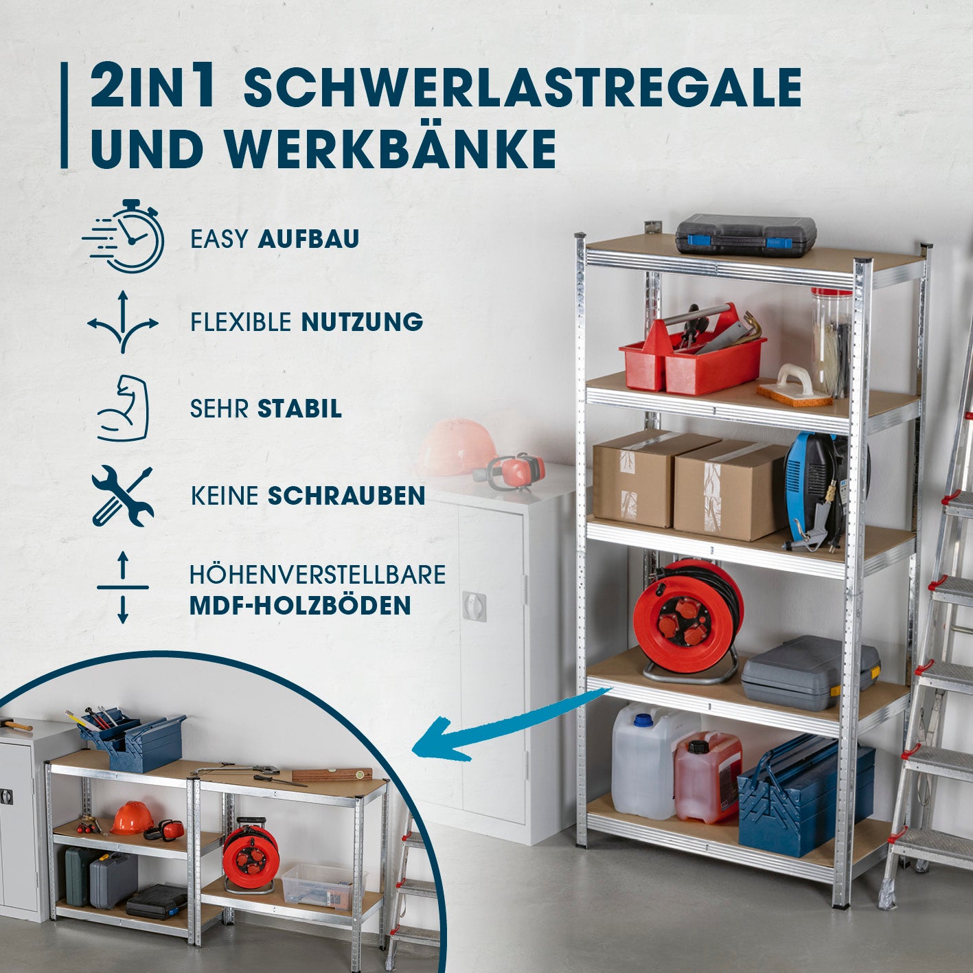Schwerlastregal & Werkbank mit GS, 180x90x40 cm, 175 kg Tragkraft je Boden, flexibel nutzbar, einfache Montage ohne Schrauben.