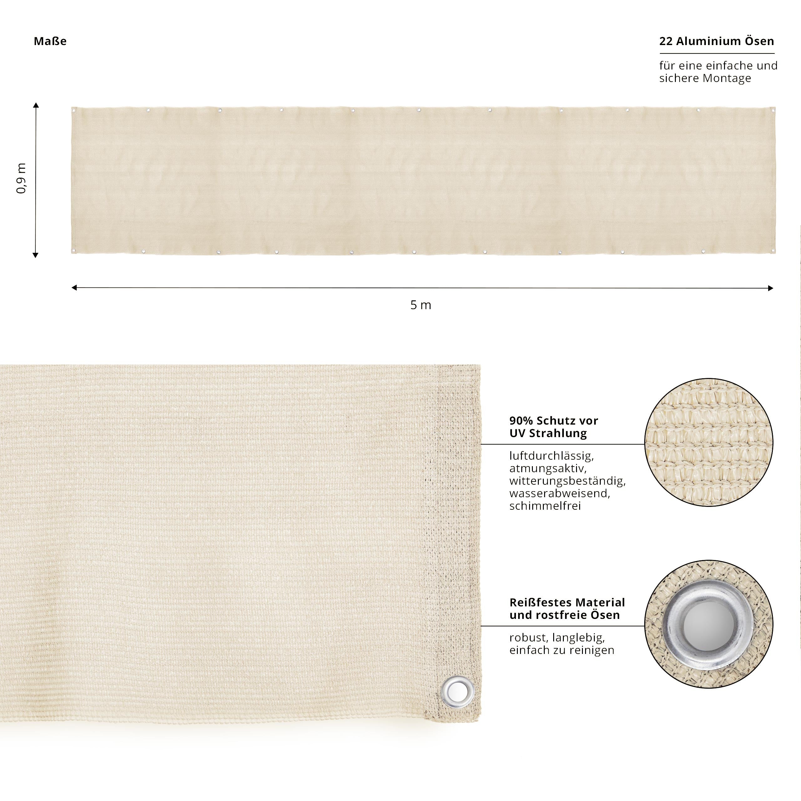Balkonsichtschutz inkl. Befestigungsseil 0,9 x 5 m creme, reißfest, UV-beständig, mit 22 Aluminium Ösen für einfache Montage.