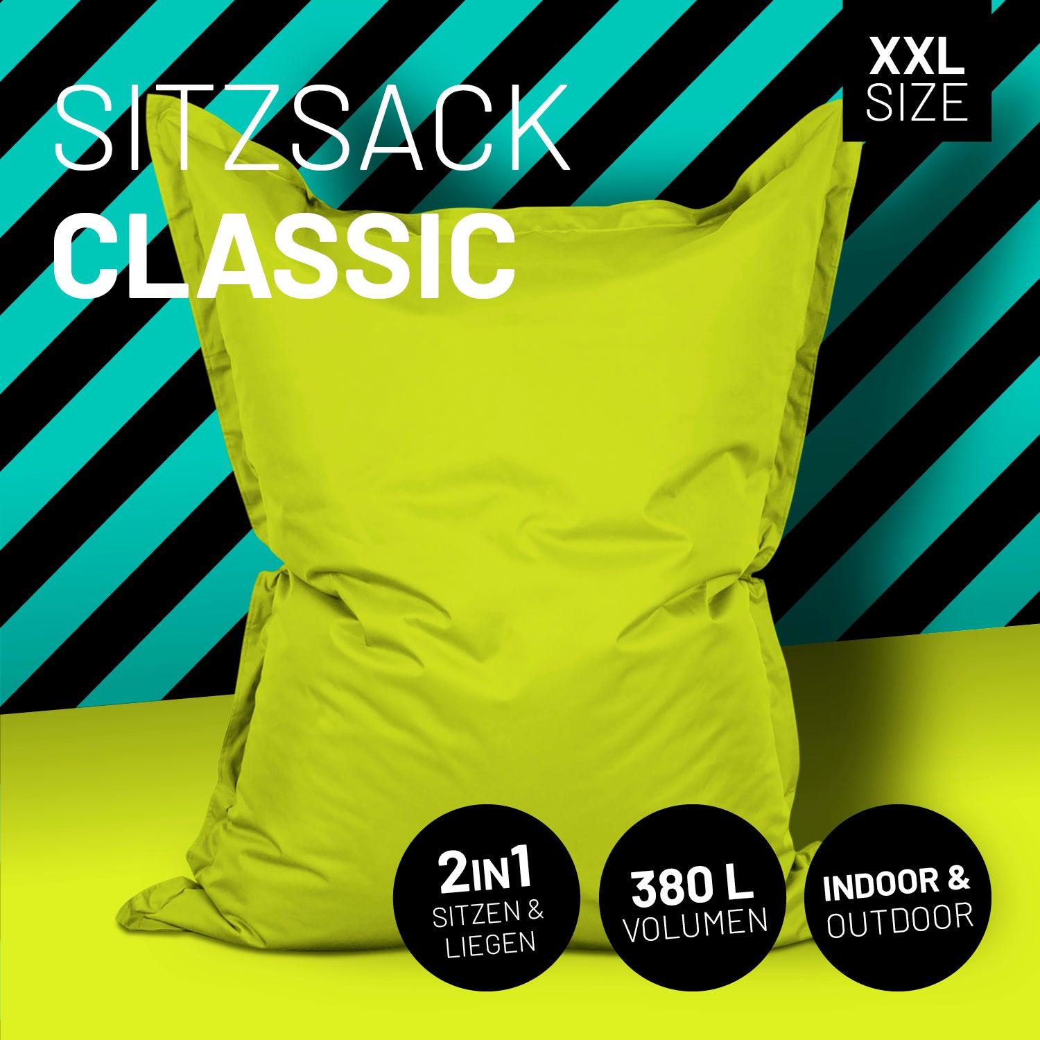 Sitzsack Classic XXL (380 L) Apfelgrün, 2in1 Sitzen & Liegen, Indoor & Outdoor, großes Volumen, langlebig mit verdecktem Reißverschluss.