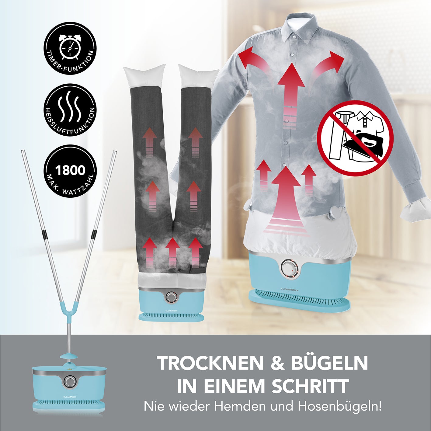Hemdenbügler PRO mit Hosenaufsatz - Blau mit Trocknen, Bügeln und Timerfunktion für faltenfreie Hemden und Hosen in einem Schritt.