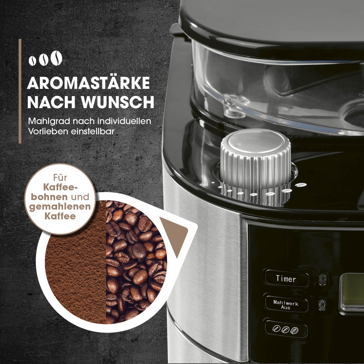 Kaffeemaschine mit Mahlwerk mit Isolierkanne - 1000 Watt, Edelstahl/schwarz, einstellbare Aromastärke und Mahlgrad für Kaffeebohnen und gemahlenen Kaffee.