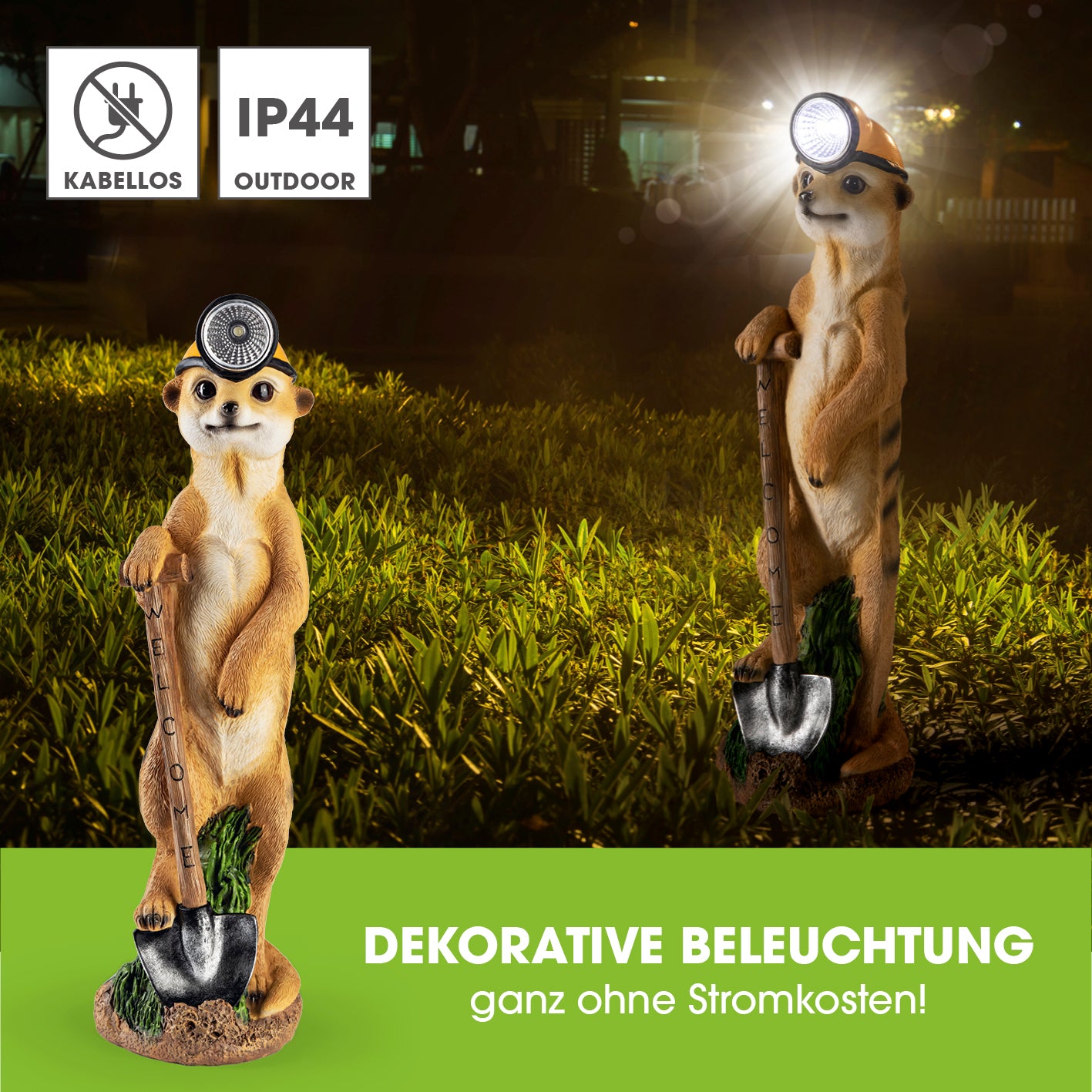 Solarleuchte Erdmännchen als Bergarbeiter mit LED-Kopflampe, solarbetrieben, dekorativ und wetterfest für den Außenbereich.