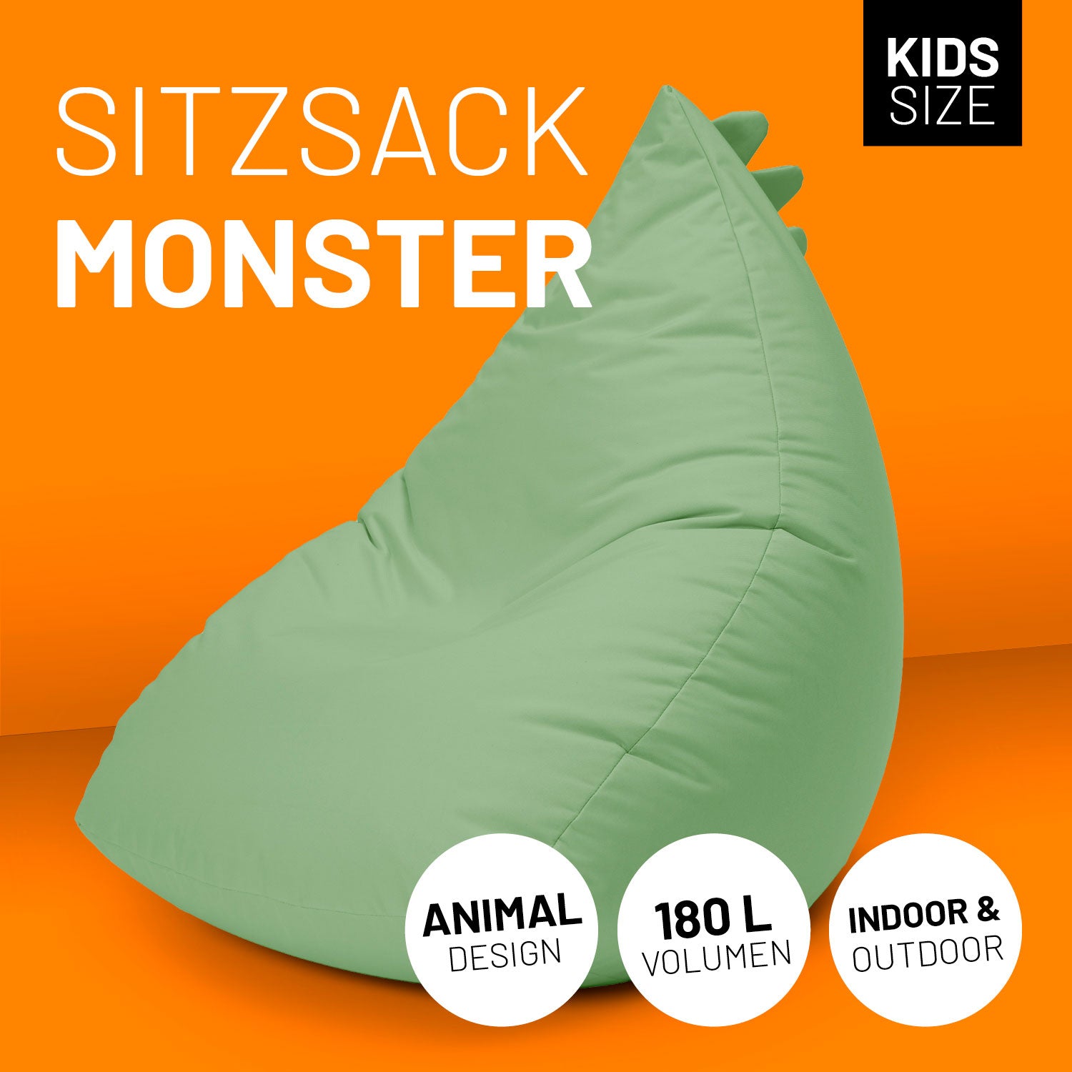 Kindersitzsack Animal Line Monster (180 L) Pastell Grün, kuschelig, wasserabweisend, indoor & outdoor, robust, kindgerecht, LUMALAND Qualität.