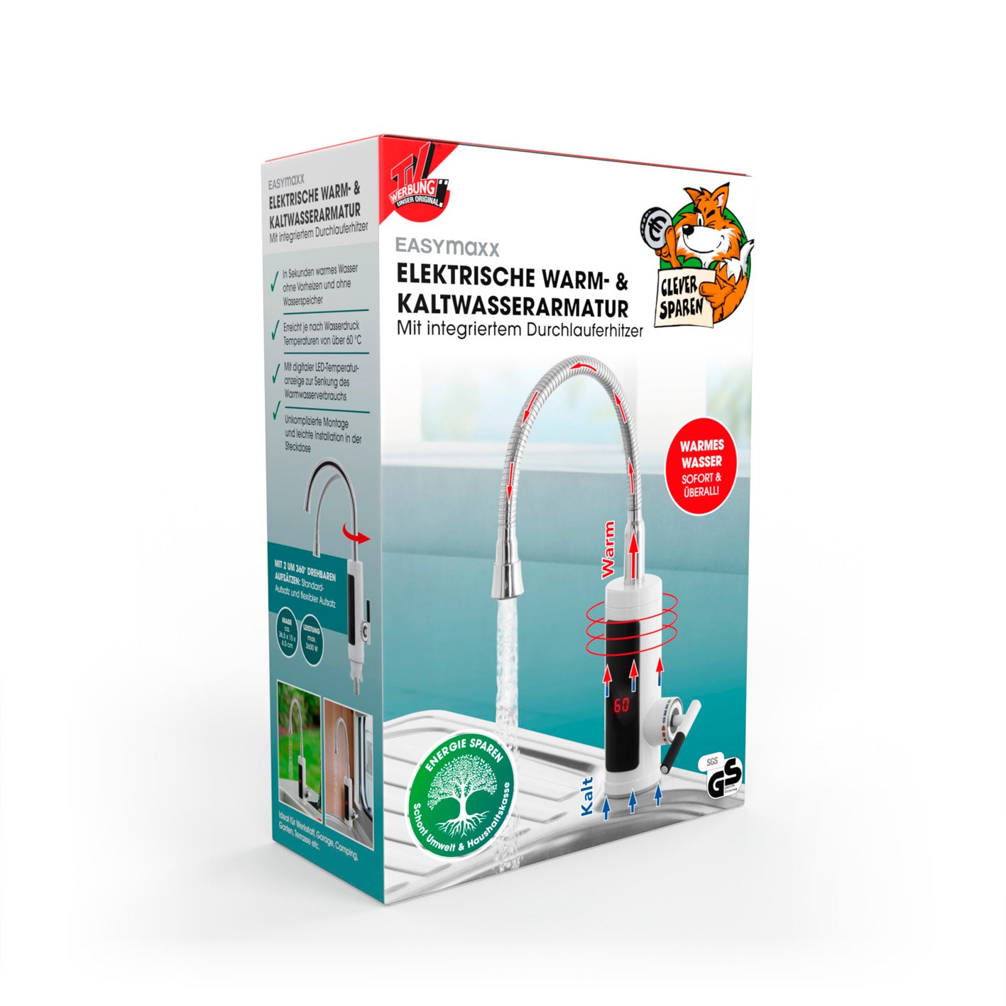 Warm- & Kaltwasserarmatur mit Durchlauferhitzer, digitale LED-Temperaturanzeige, sofort warmes Wasser bis 60 °C ohne Wasserspeicher.