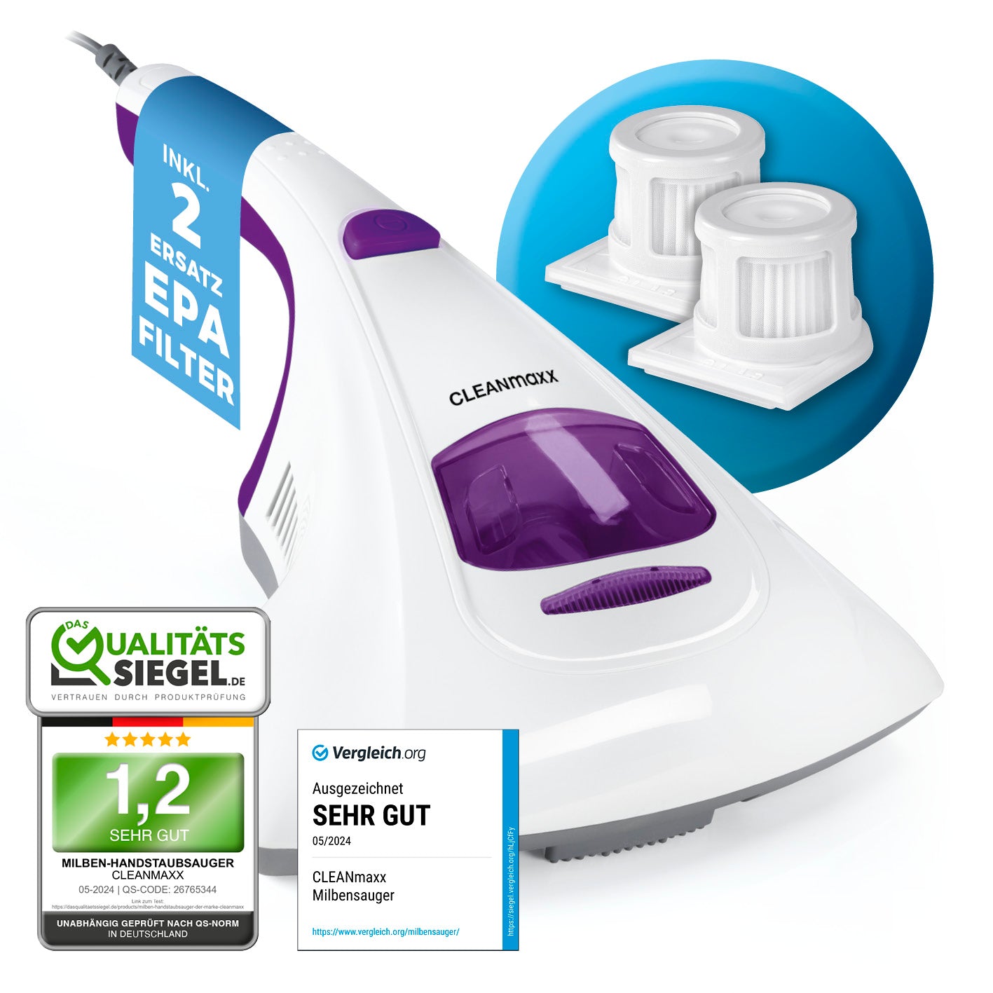 Milbensauger Vibration - Weiß/Lila mit 2 Ersatz-EPA-Filtern, UV-C-Licht und starker Saugkraft für saubere Heimtextilien.
