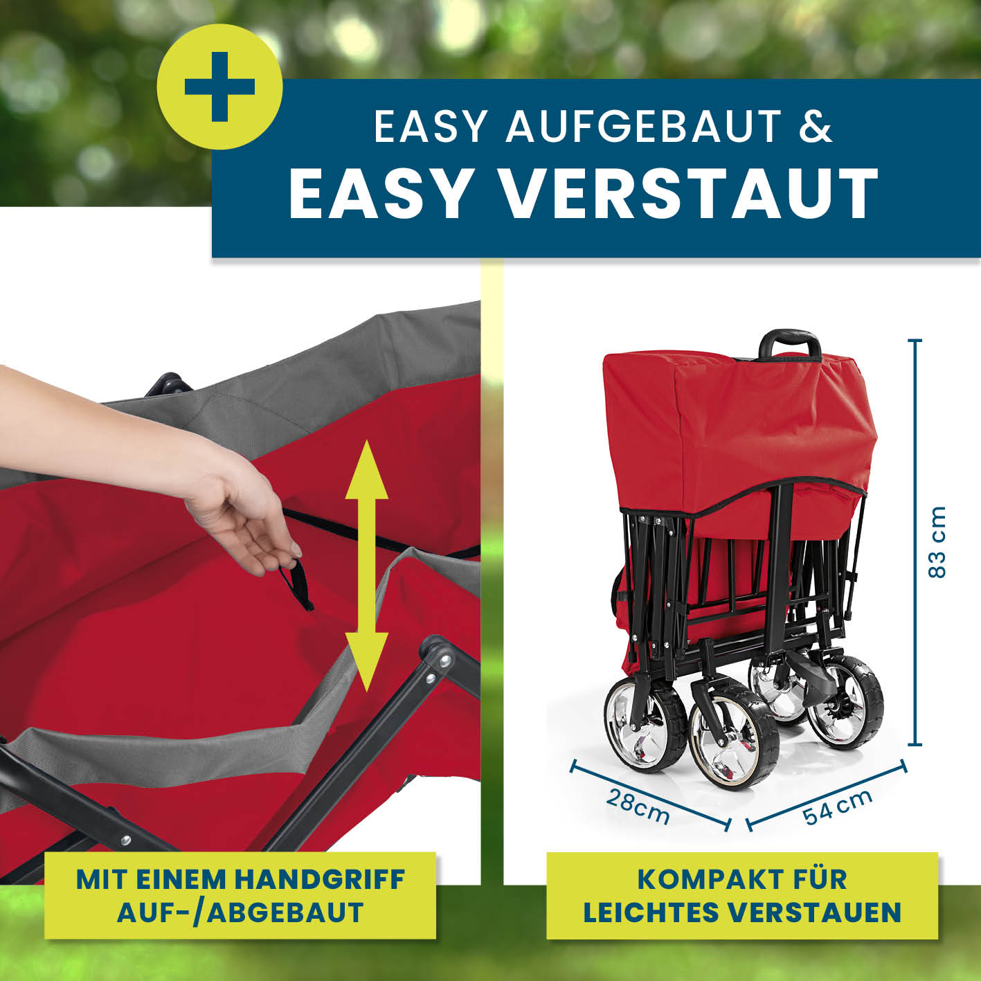Faltbarer Bollerwagen - Rot, schnell auf- und zusammenklappbar, kompakt und praktisch für einfachen Transport und Lagerung.