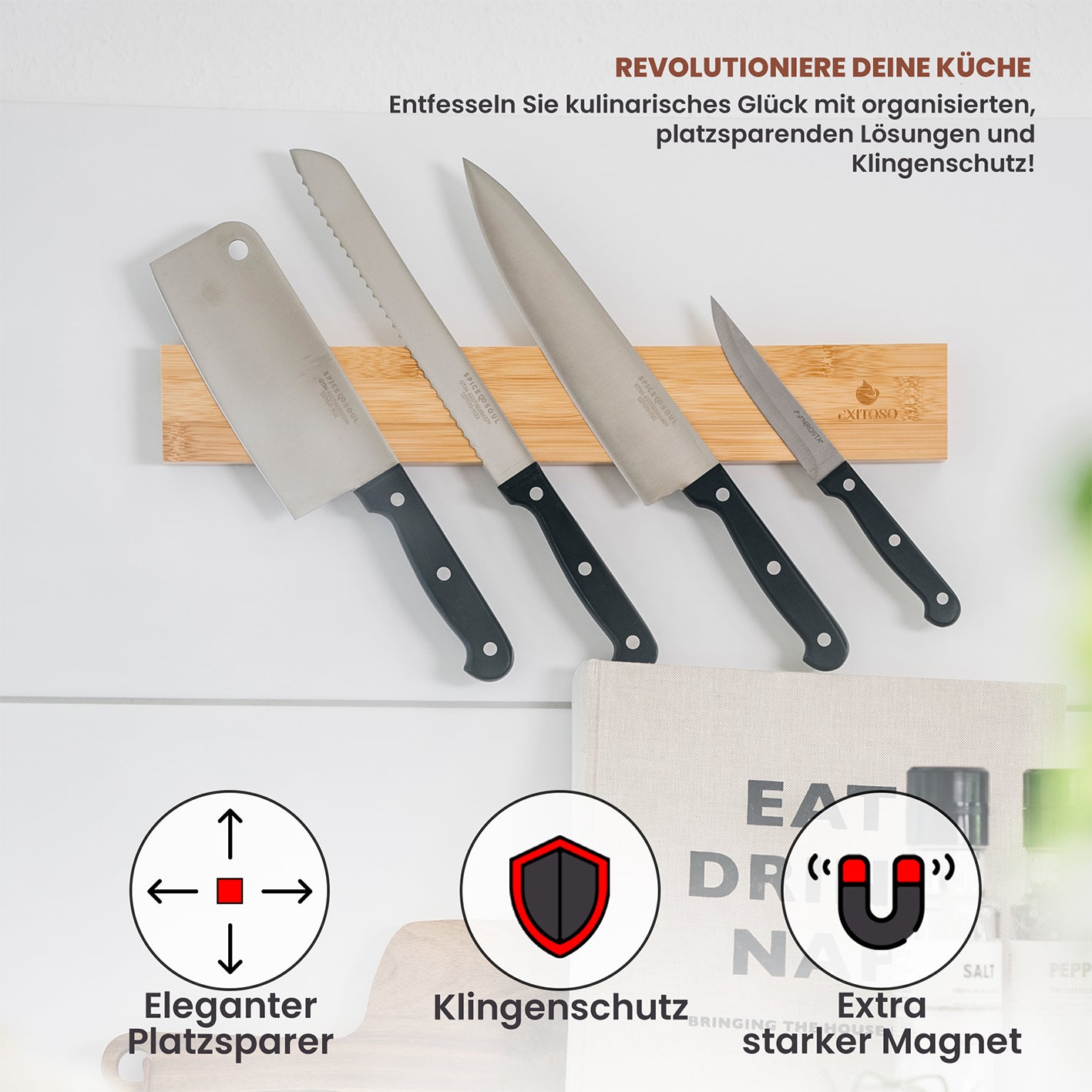 Messer-Magnetleiste - selbstklebend - Bambus - 40 cm mit elegantem Silikon, starkem Magnet und platzsparendem Design für Küchenmesser.