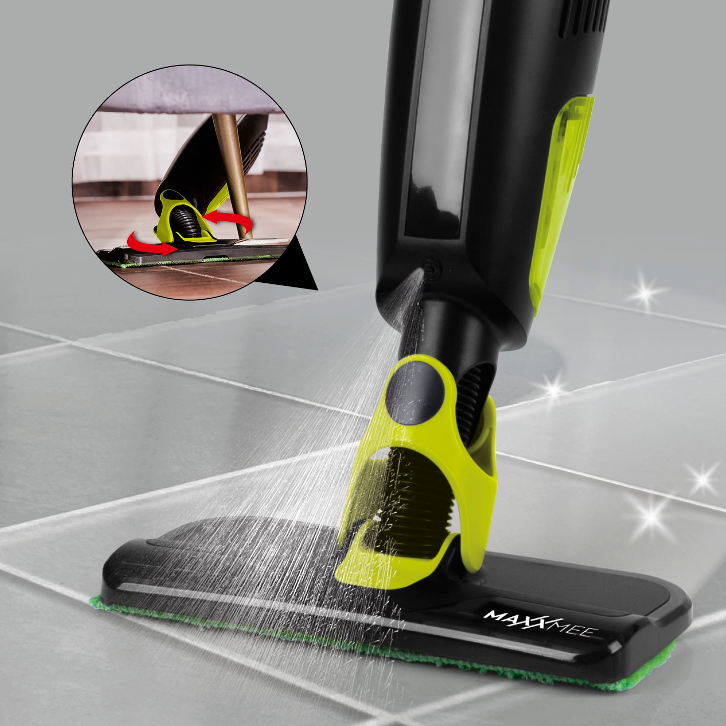 Wischmopp mit Saugfunktion - 180 ml Wassertank - grün/schwarz mit Sprühfunktion und Mikrofasertuch zur effektiven Bodenreinigung.