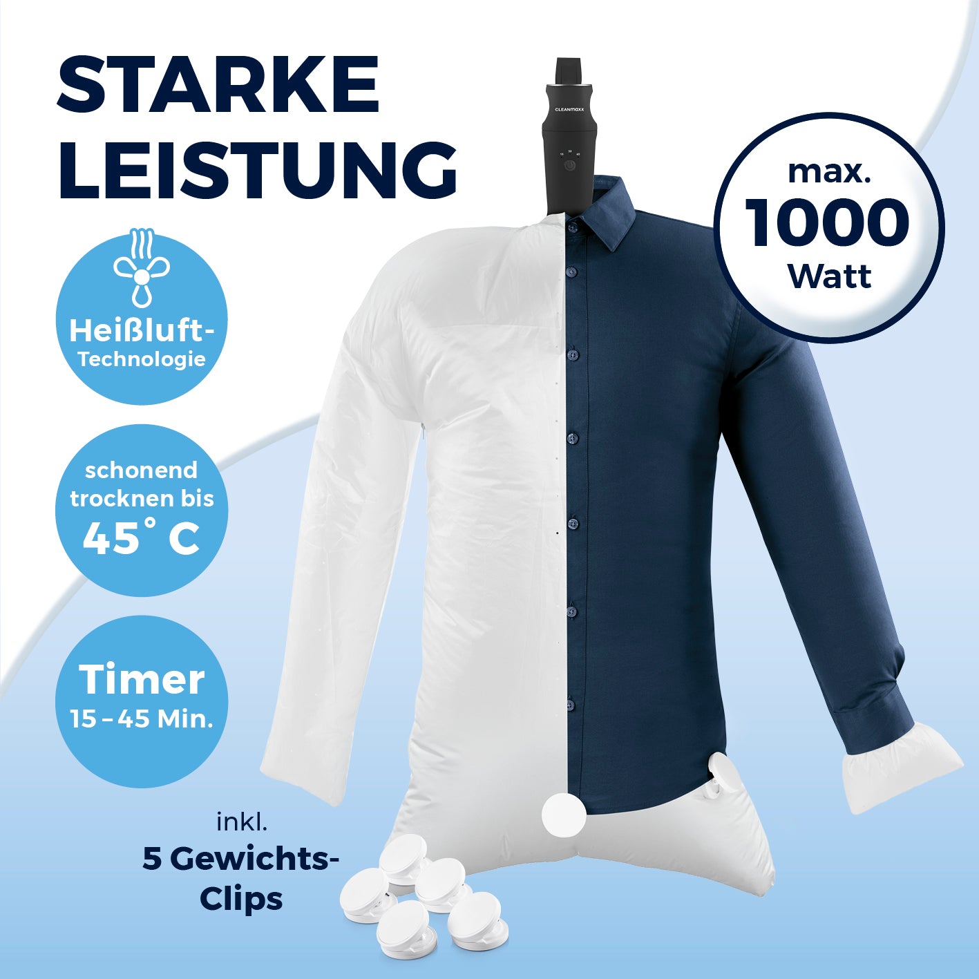 Hemdenbügler PRO KOMPAKT schwarz/silber mit Heißluft-Technologie, 1000 Watt, Timer und 5 Gewichts-Clips für faltenfreies Hemdenbügeln.