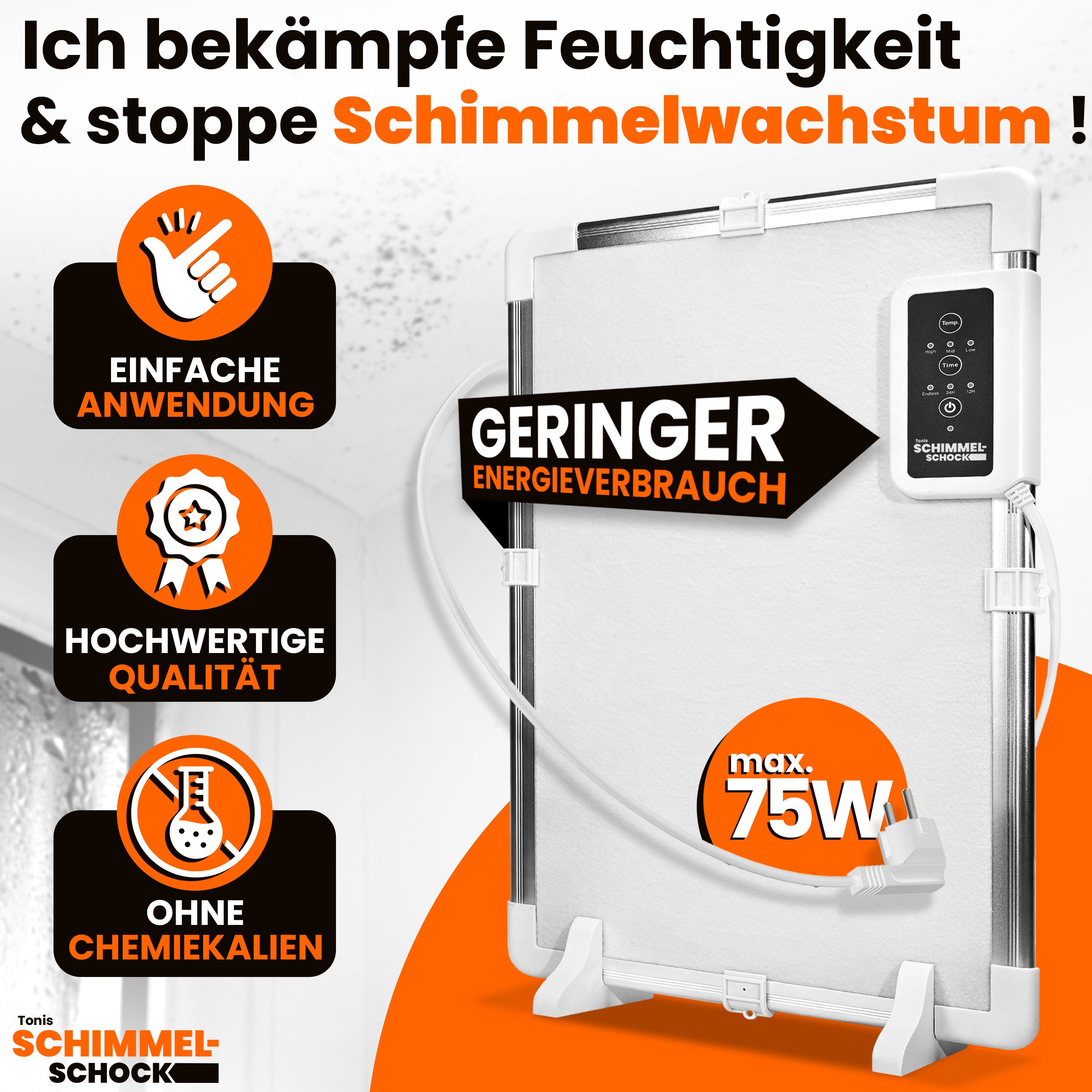 Anti-Schimmelheizung von Tonis Schimmelschock mit geringem Energieverbrauch, 75W Leistung, einfacher Anwendung und ohne Chemikalien.