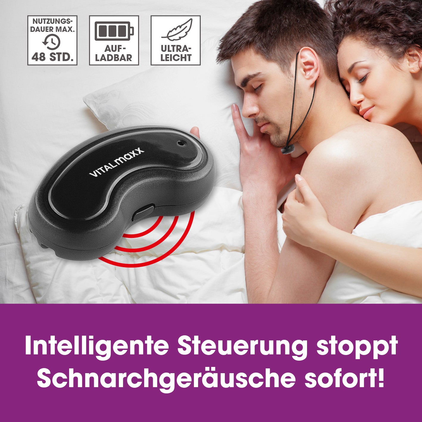 Anti-Schnarch-Gerät - schwarz erkennt Schnarchgeräusche und sendet sanfte Vibrationsimpulse für hohen Tragekomfort ohne störende Maske.