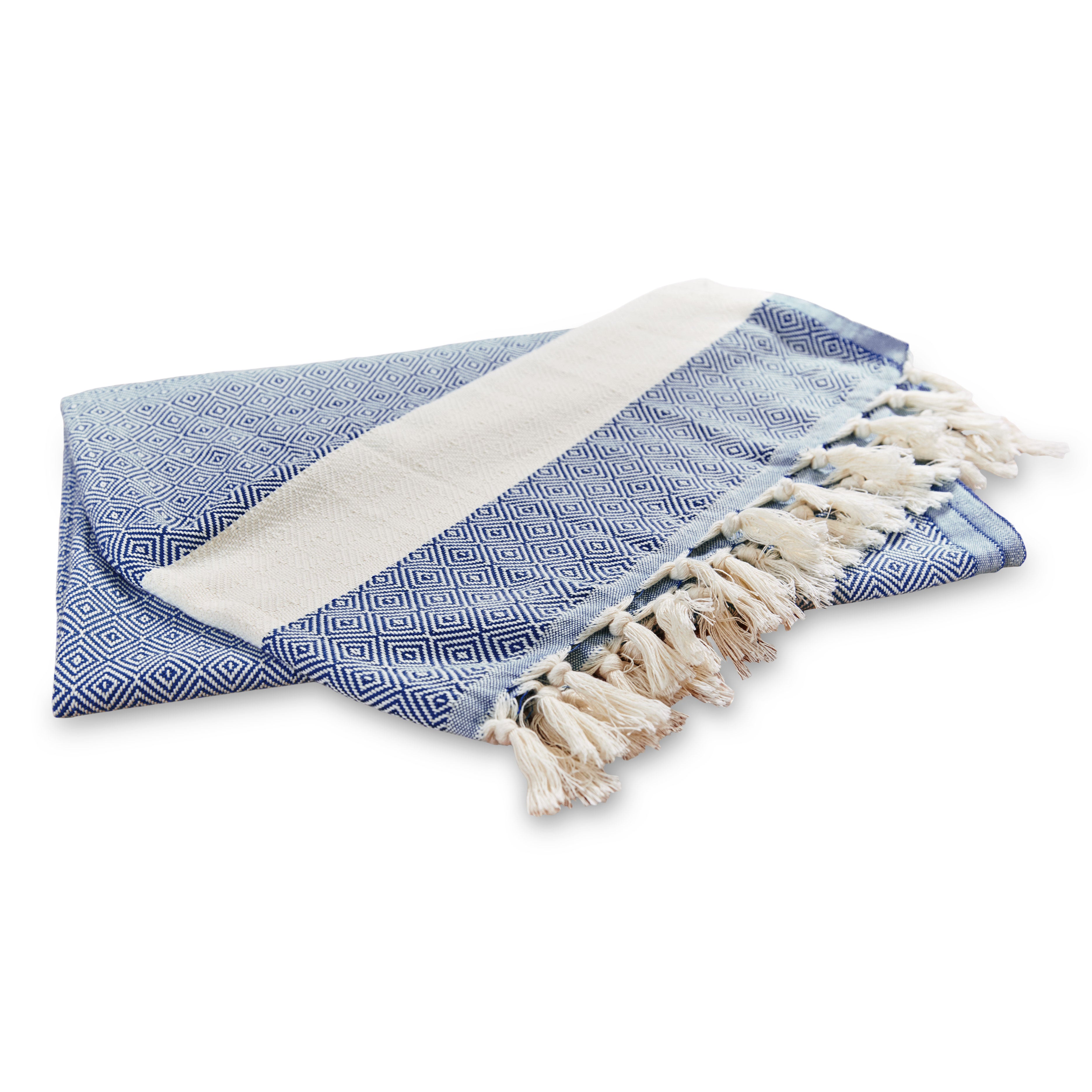 Baumwolldecke / Tagesdecke aus 100 % Baumwolle - ca. 200 x 240 cm - Marineblau mit Fransen, weich und atmungsaktiv, vielseitig einsetzbar.