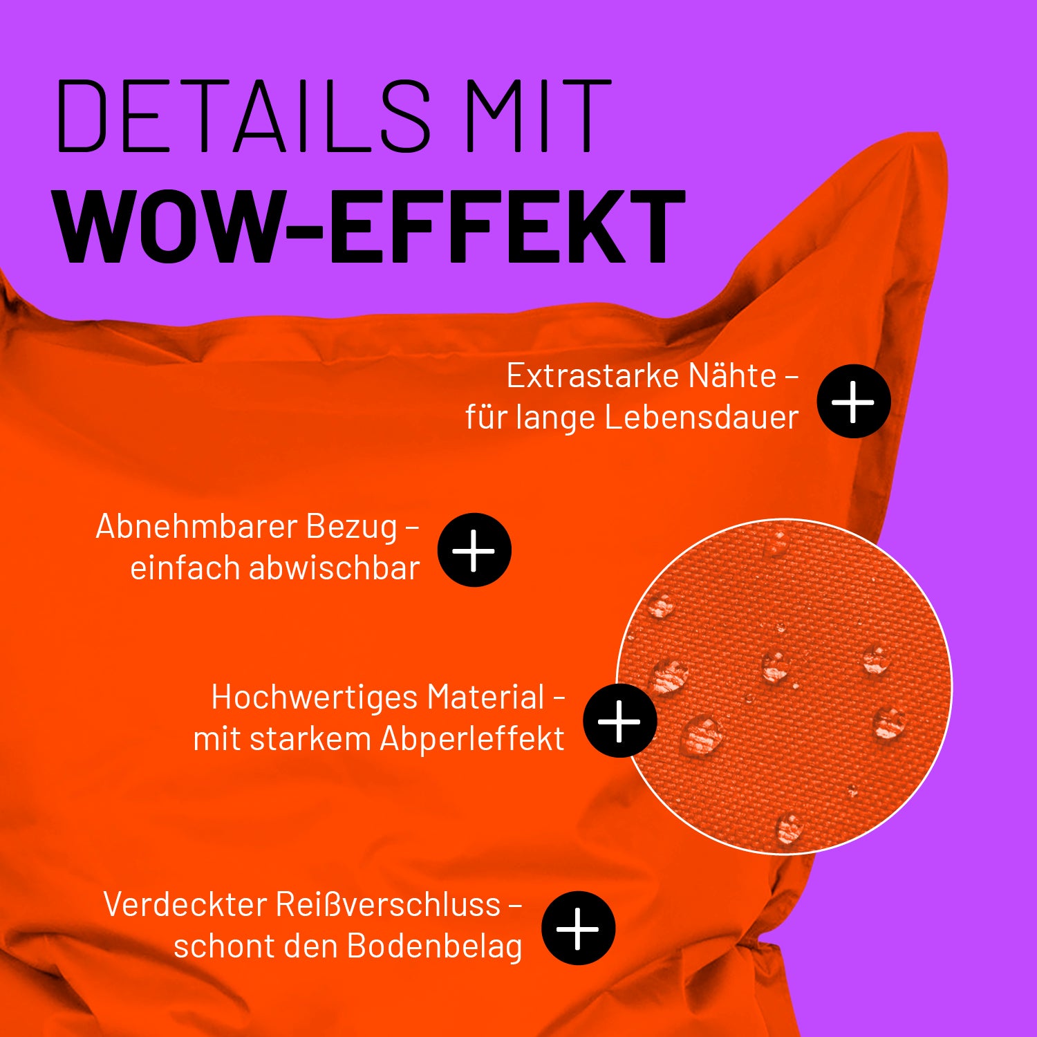 Sitzsack Classic XXL (380 L) in Orange mit extrastarken Nähten, abnehmbarem Bezug und starkem Abperleffekt für drinnen & draußen.