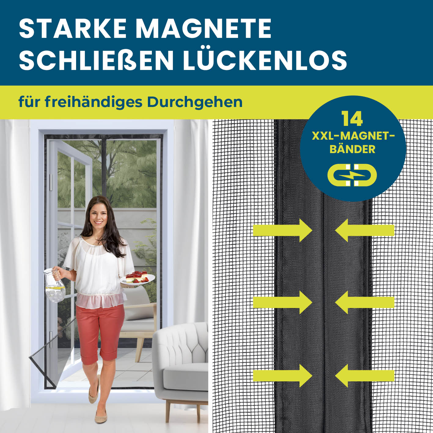 Insekten- & Pollenschutzvorhang - 100 x 210 cm mit 14 Magnetbändern, schützt vor Insekten und Pollen, selbstschließend, für Balkon- und Terrassentüren.