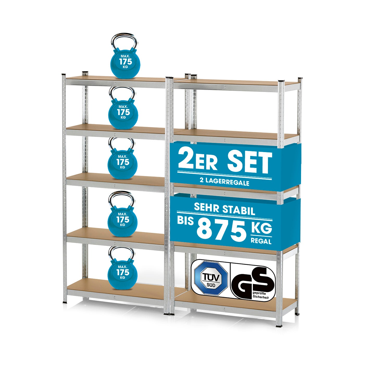 Schwerlastregal & Werkbank mit GS, 2er-Set, 5 MDF-Holzböden, je 175 kg Tragkraft, Maße 180 x 90 x 40 cm, stabil und belastbar.