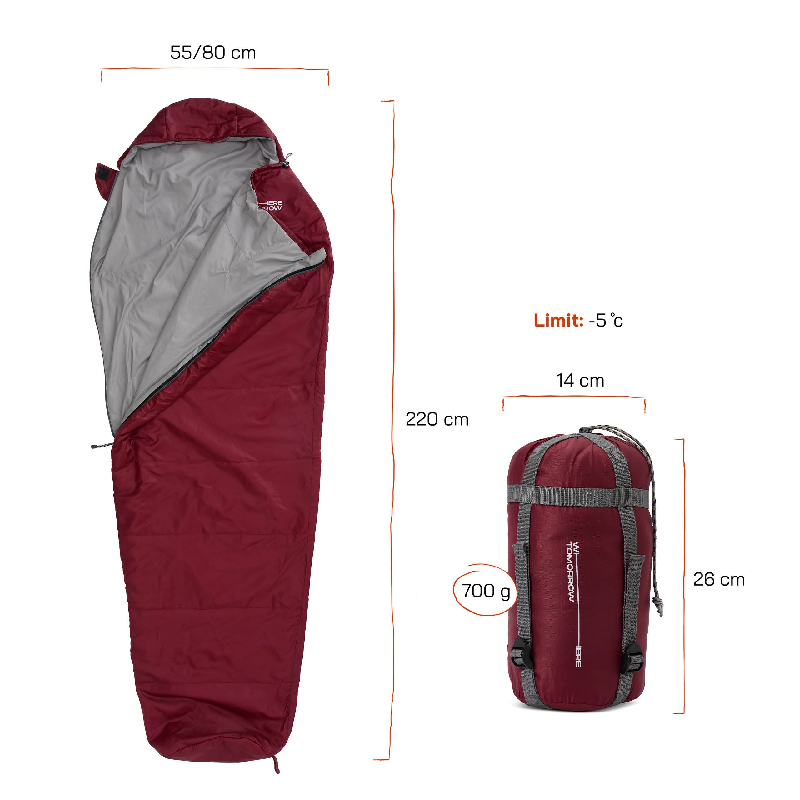 Camping Schlafsack Small & Light - Mumienschlafsack in Rot, 220x80x50 cm, wasserabweisend, mit Packsack, für Temperaturen bis -5 °C.