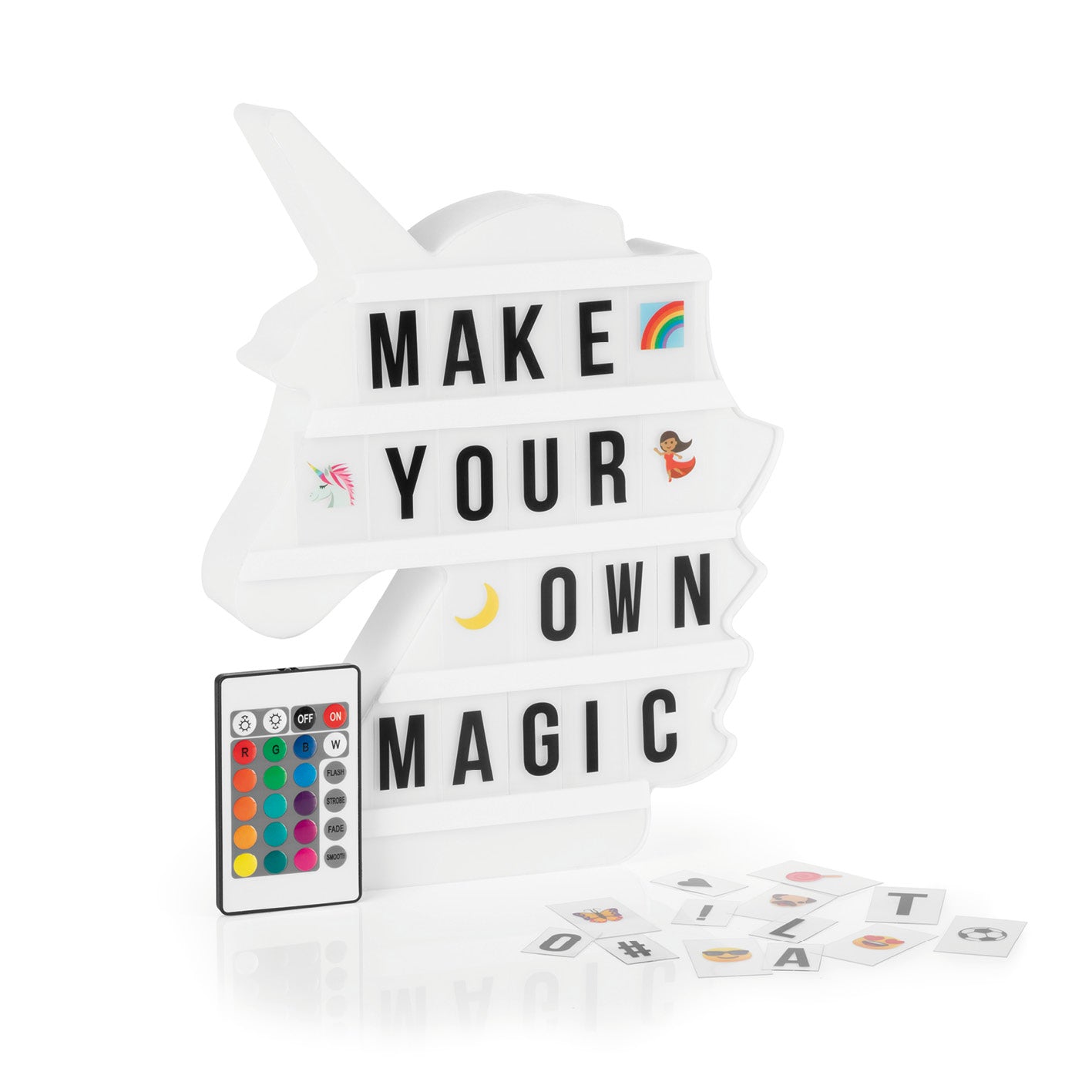 LED-Leuchtkasten Einhorn - 173 Buchstaben & 150 Moodjis