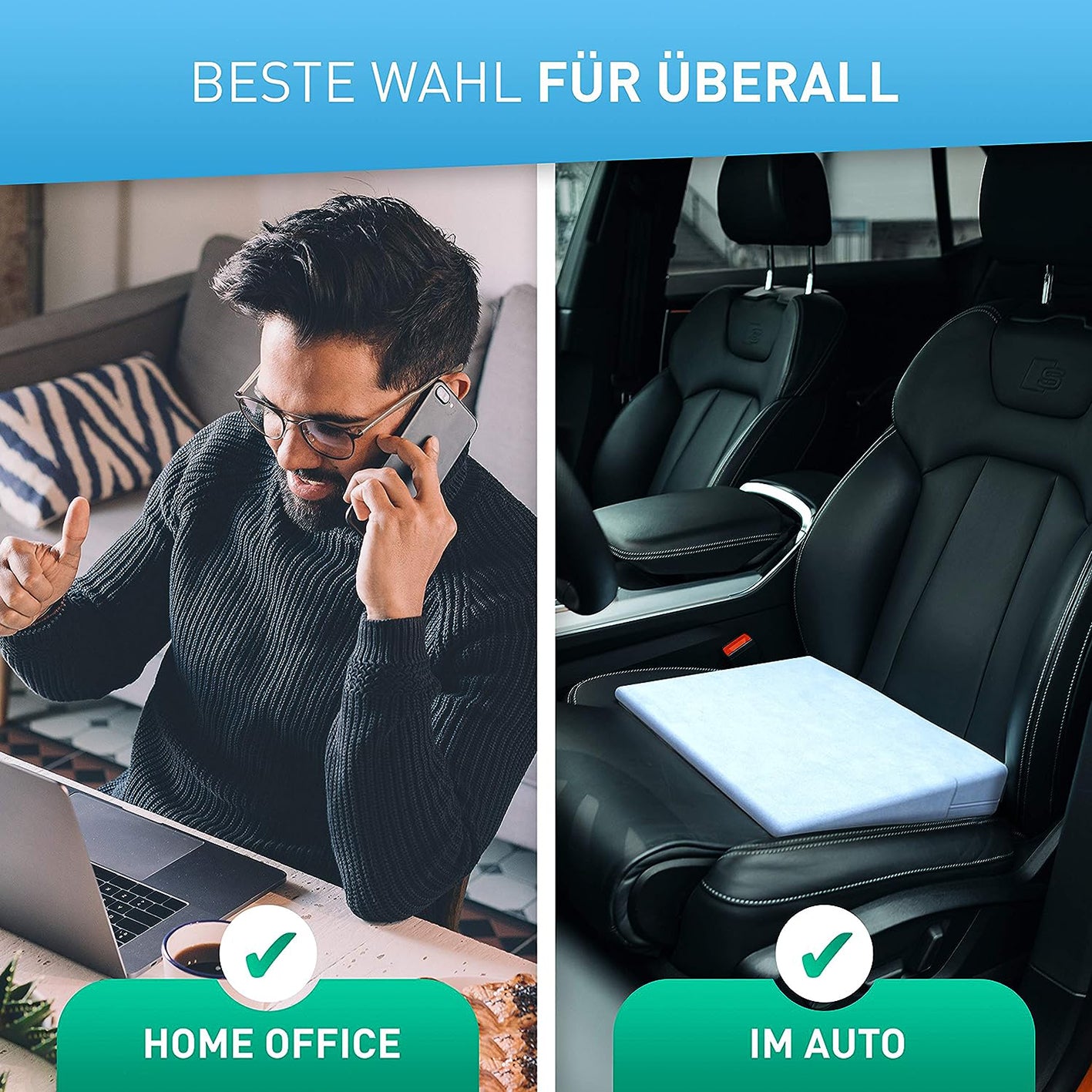 Stuhl-Keilkissen mit Samtbezug - Blau auf Bürostuhl im Homeoffice und Autositz für mehr Komfort und rutschfeste Nutzung.