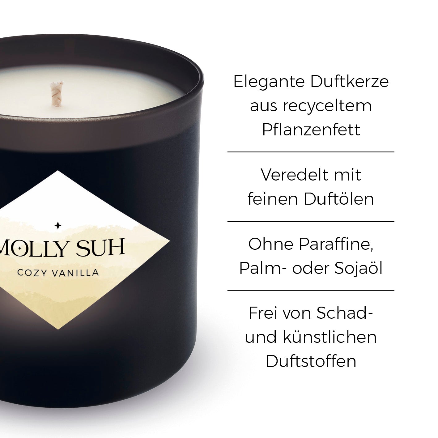 Duftkerze Cozy Vanilla aus recyceltem Pflanzenfett, veredelt mit feinen Duftölen, ohne Paraffine und künstliche Duftstoffe.
