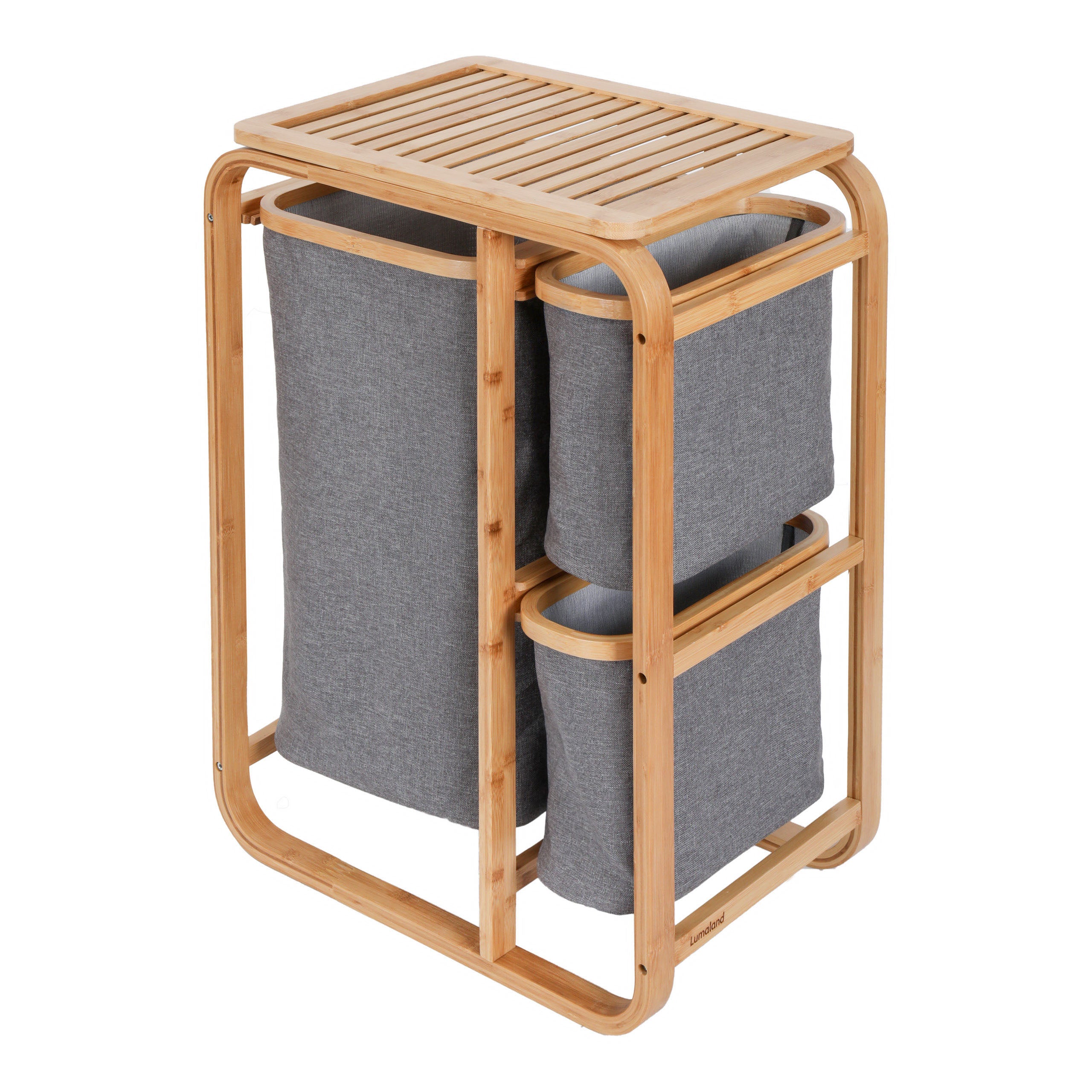 Bambus Wäschekorb - 1 XL Fach + 2 Kompaktfächer in Grau mit abnehmbaren Wäschesäcken und stabiler Ablagefläche, ca. 49,5 x 33 x 71 cm.