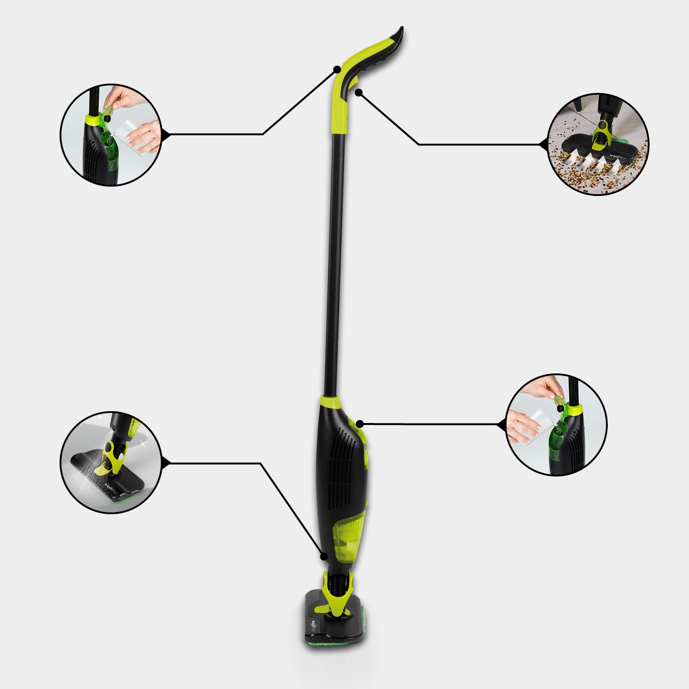 Wischmopp mit Saugfunktion - 180 ml Wassertank, grün/schwarz, kabellos mit Sprüh- und Saugfunktion, Mikrofasertuch im 2er-Set.