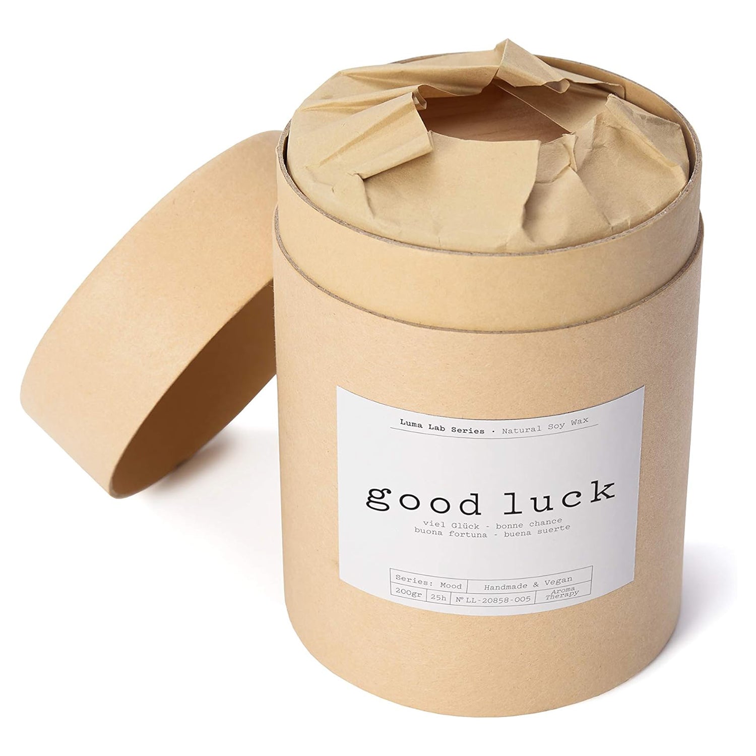 Duftkerze Mood "Good Luck" in nachhaltiger Verpackung, vegane Sojawachs-Kerze für stimmungsvolle Momente im Zuhause.