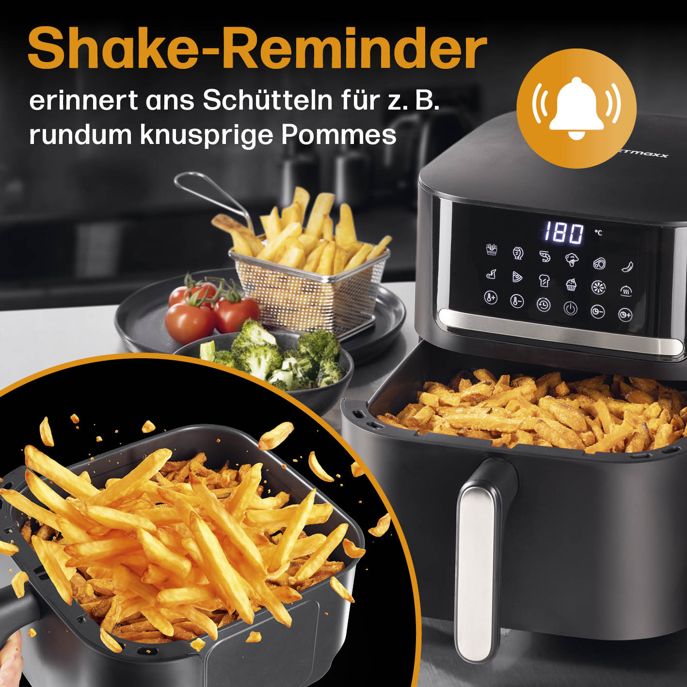 4in1-Heißluftfritteuse - 6 l mit Shake-Reminder für fettarme, knusprige Pommes und vielseitiges Garen mit Heißluftzirkulation.