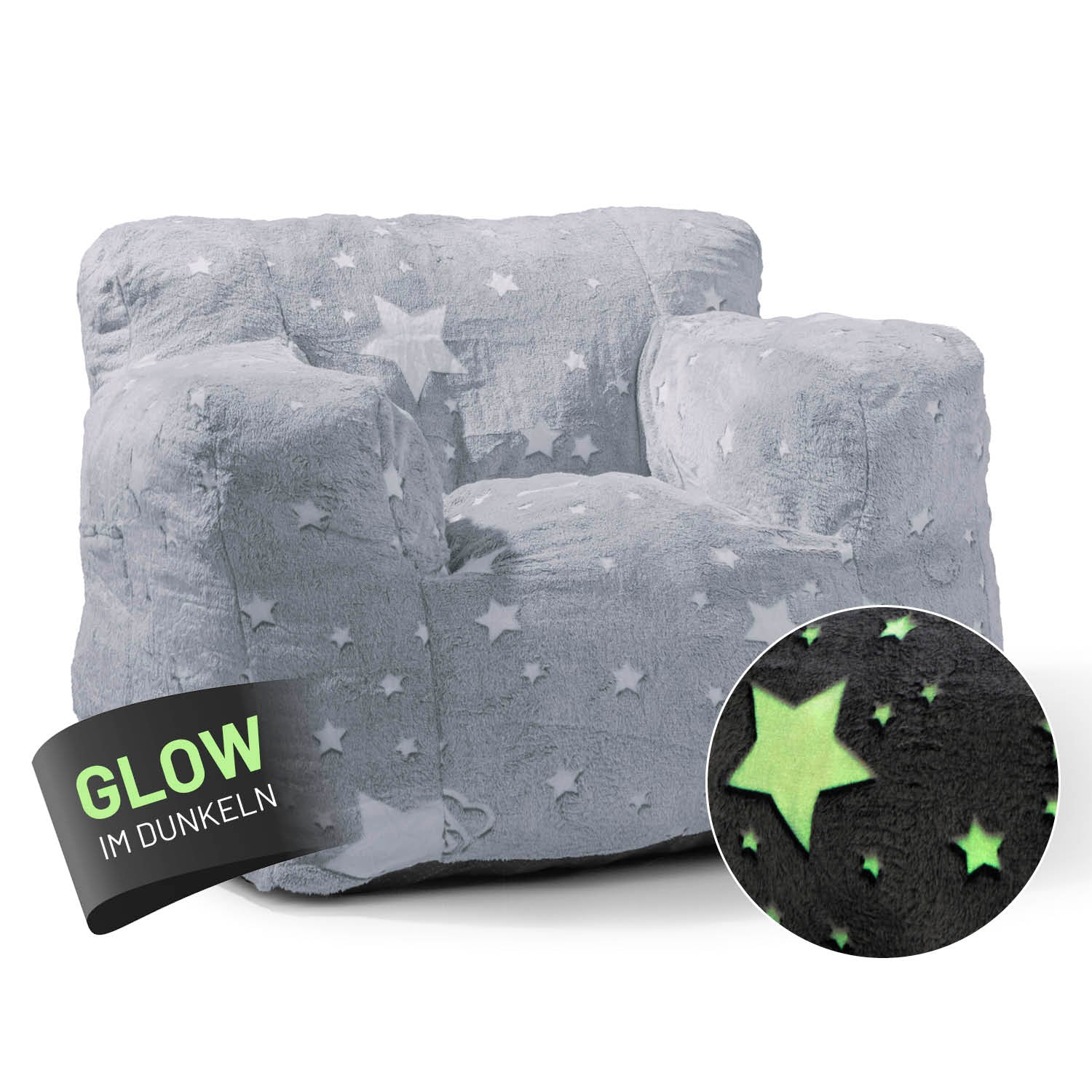 Sessel „Glow in the Dark“ - Grau mit leuchtendem Sternen-Design, weichem Material und praktischer Seitentasche für Kinderzimmer.