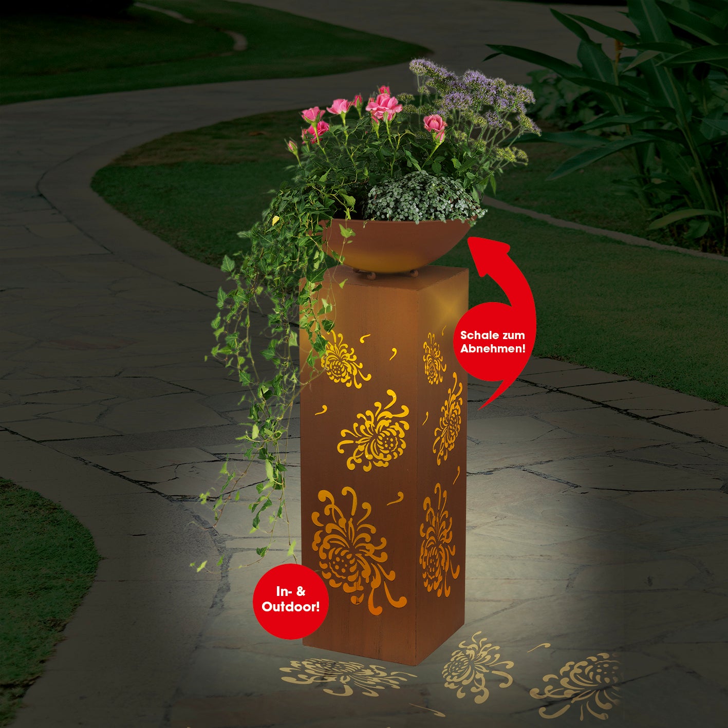 LED-Dekosäule mit Planzschale Rost-Optik "Bauernrose" - 87 cm, beleuchtet, für Indoor und Outdoor mit floralem Design.