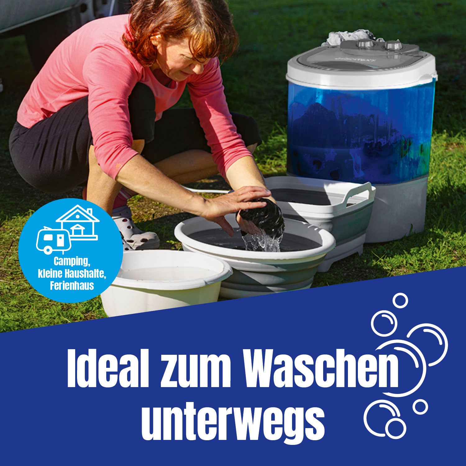 Mini-Waschmaschine - 260 Watt - weiß/blau, ideal für Camping und kleine Haushalte, tragbar und mit Wasch- und Schleudertimer.