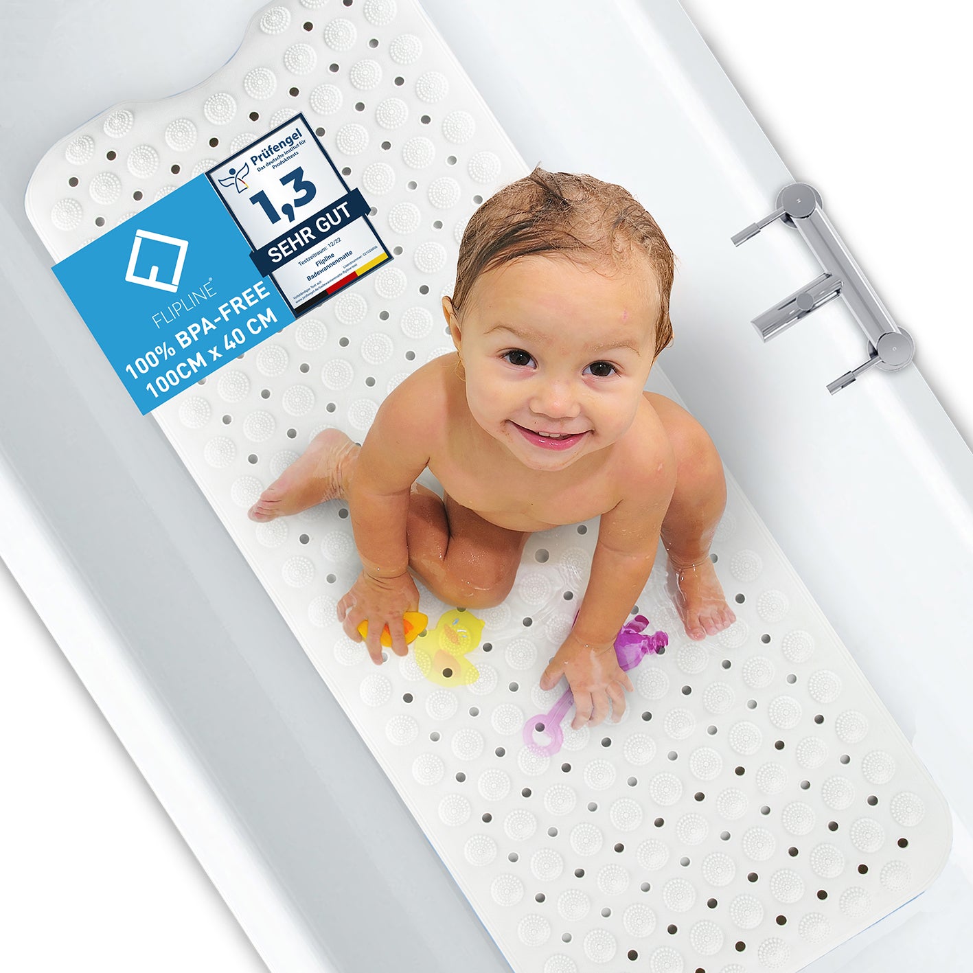 Badewannenmatte - Weiß - 100 x 40 cm, rutschfeste, BPA-freie Badematte mit 200 Saugnoppen für sicheren Halt in der Badewanne.