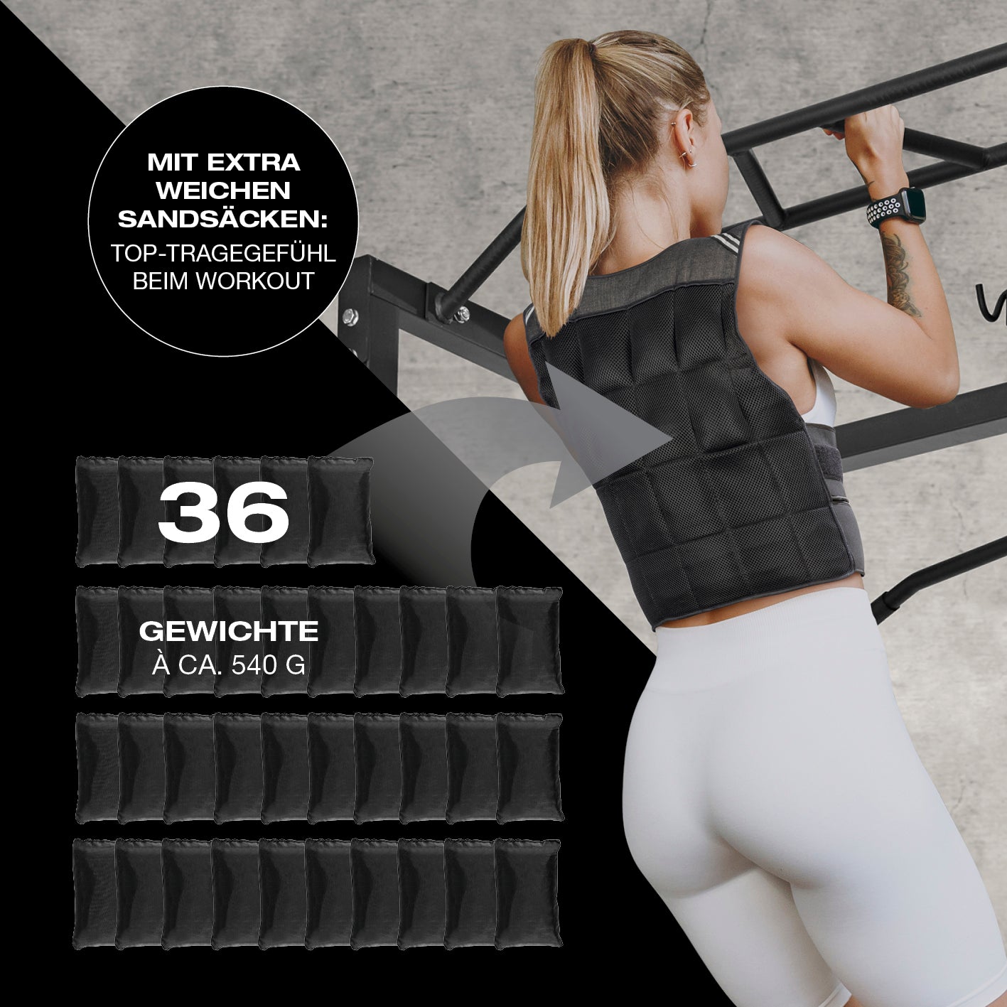 Gewichtsweste - 20 kg mit 36 herausnehmbaren Gewichten à 540 g und verstellbarem Doppel-Klettverschluss für intensives Training.
