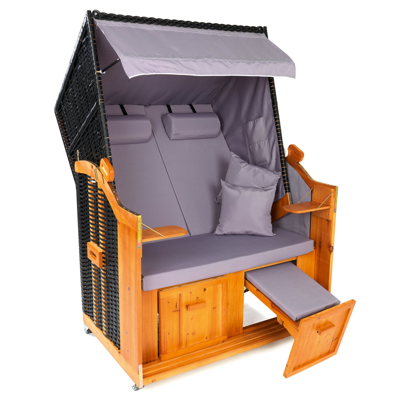 2-Sitzer-Strandkorb (Ostsee) in Grau/Braun mit verstellbarer Rückenlehne, Fußbänkchen, Kissen und robustem Hartholzrahmen.