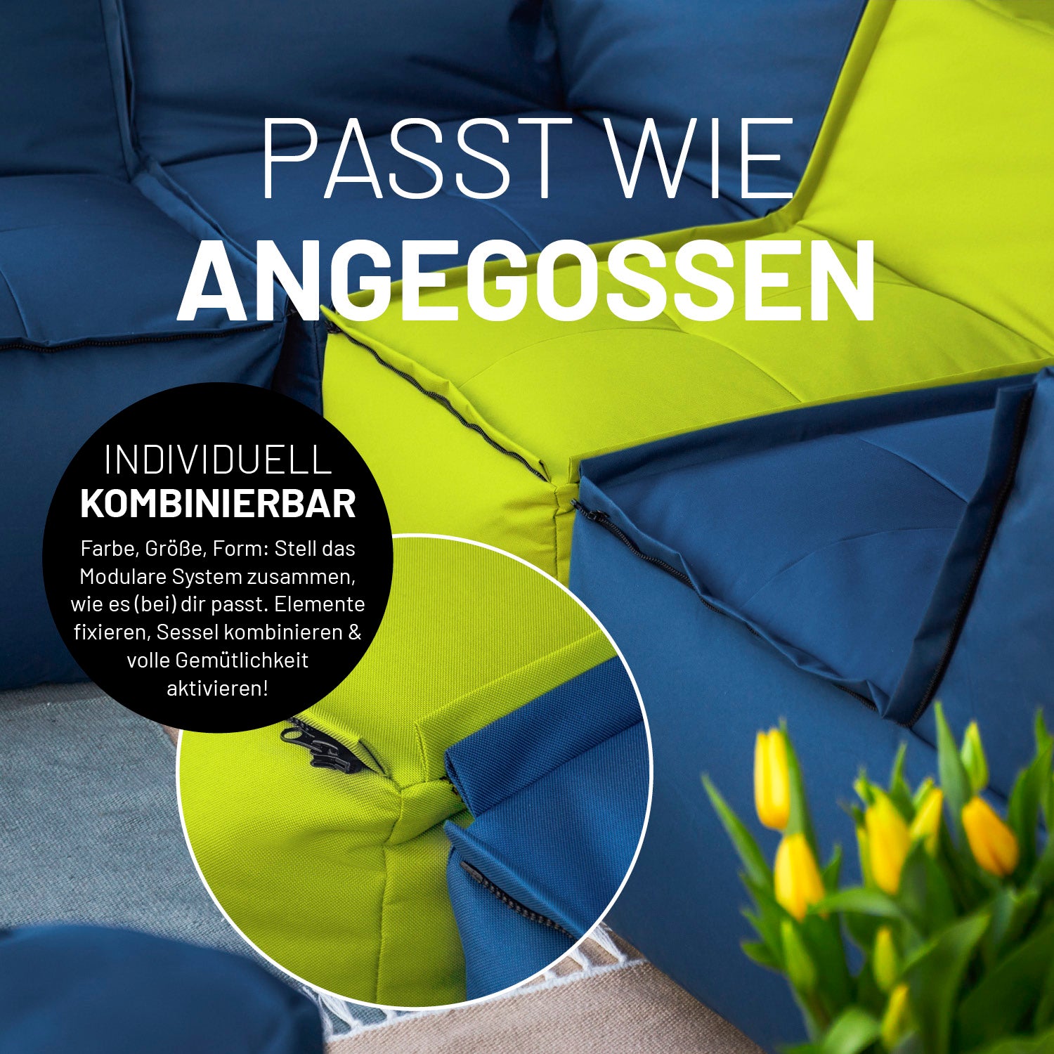 Sitzsack-Sofa Sessel (400 L) modular in Apfelgrün, indoor & outdoor, extragroß, mit abnehmbarem Bezug und verstecktem Reißverschluss.