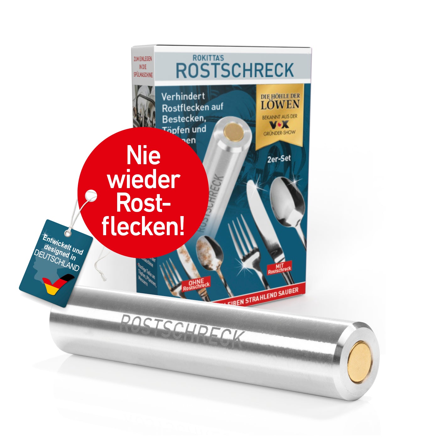 Rostschreck verhindert Flugrost in der Spülmaschine und hält Besteck sowie Töpfe bis zu 600 Spülgänge strahlend sauber.
