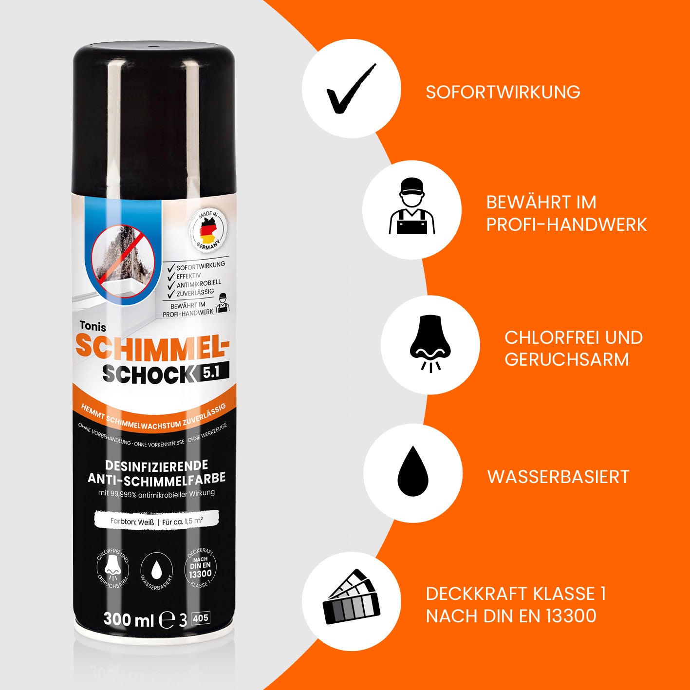 Tonis SCHIMMELSCHOCK 5.1 Anti-Schimmel-Farbe Weiß, desinfizierend, chlorfrei, geruchsarm, wasserbasiert, sofortige Wirkung, 300 ml Spraydose.