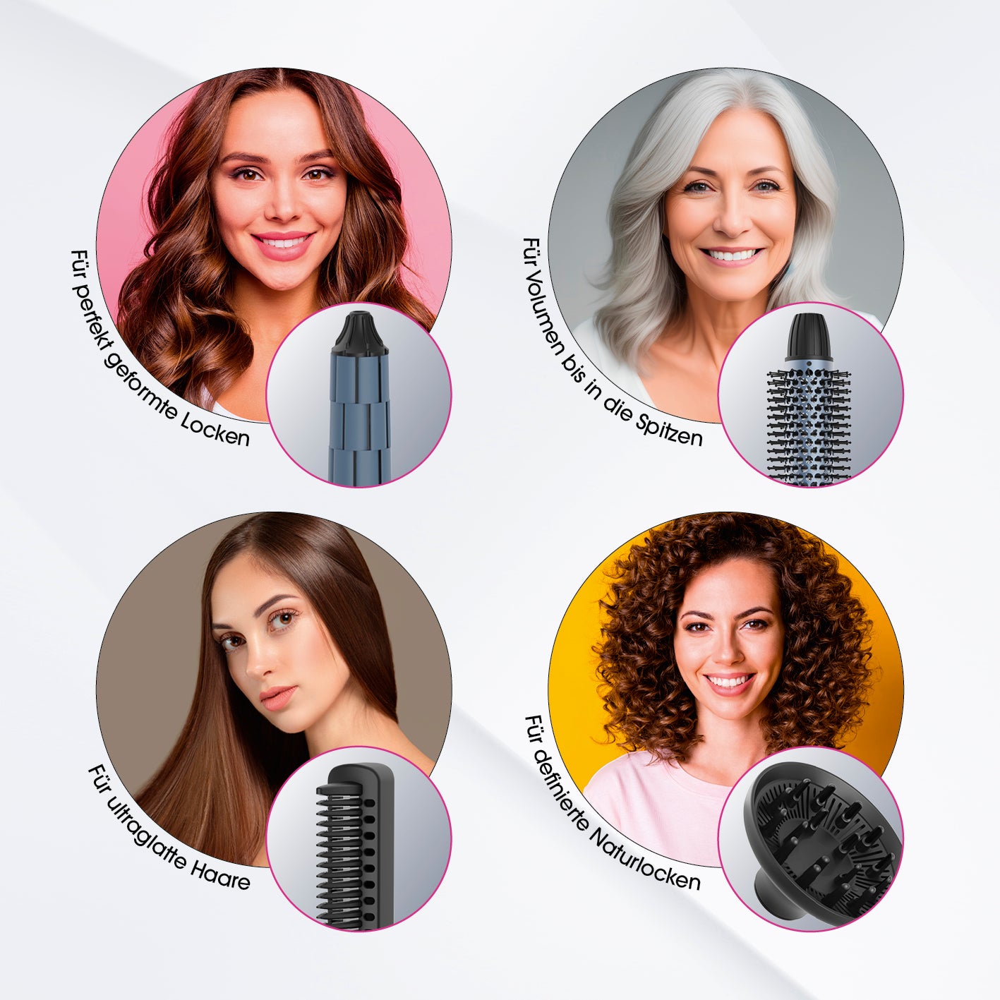 Air Styler Plus - 7-tlg. mit 4 Aufsätzen für Locken, Volumen, glatte Haare und definierte Naturlocken.