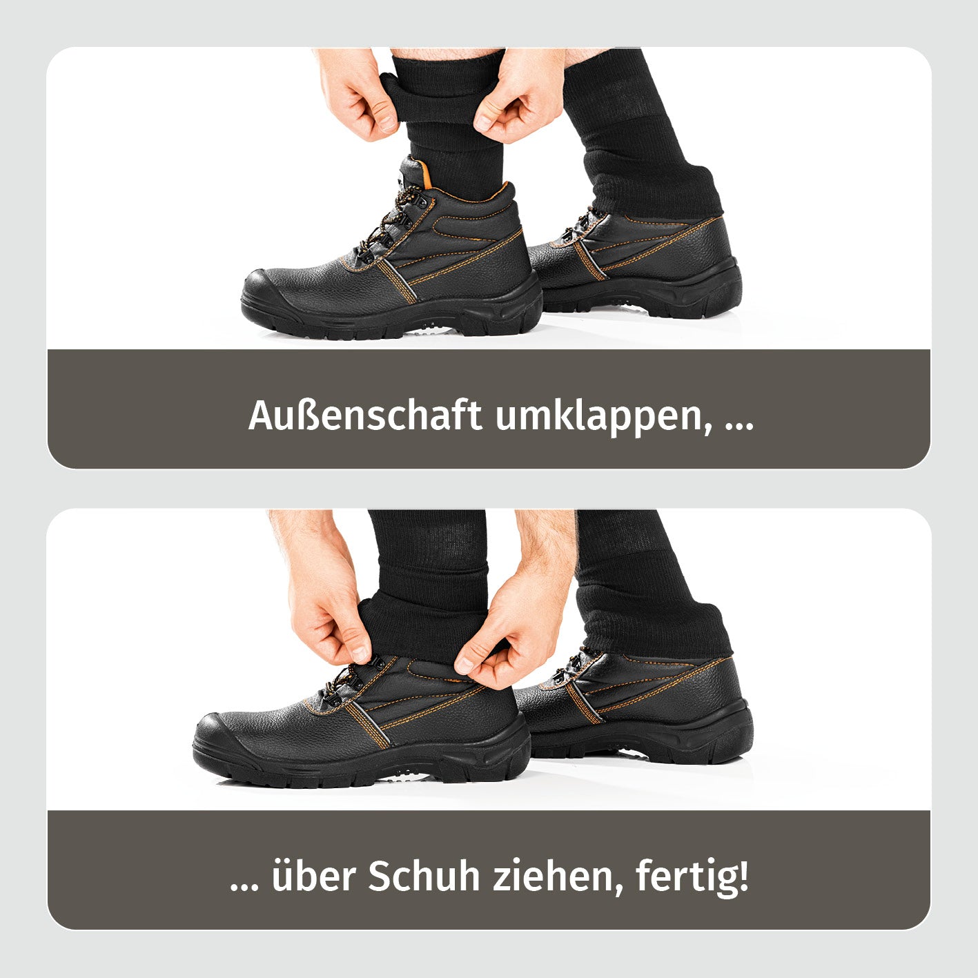 Funktions-Socke mit Doppelschaft - 2er-Set - Größe 36-39 zeigt das Umschlagen des Außenschafts und das Überziehen über Schuhe.