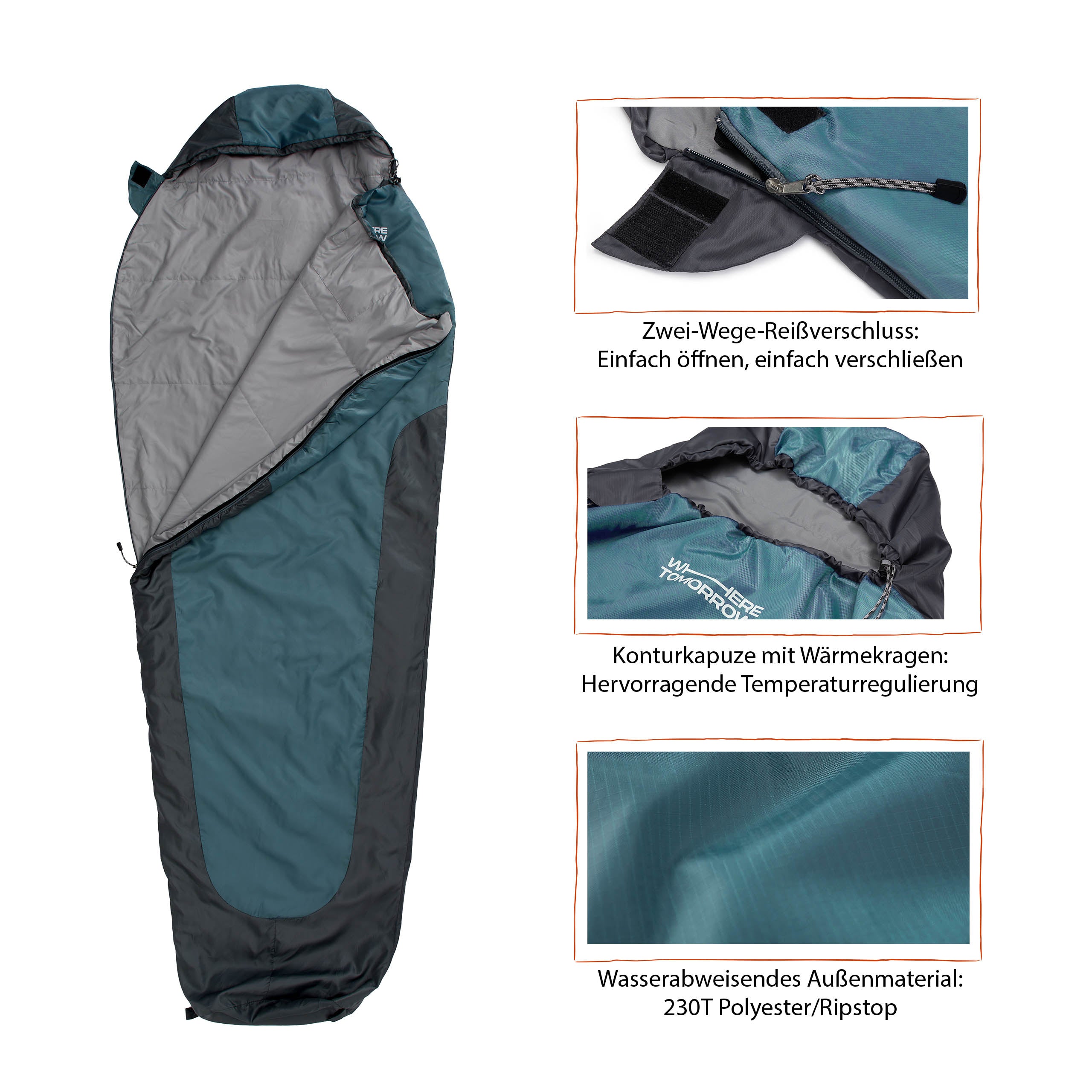 Camping Schlafsack Small & Light Mumienschlafsack mit Tasche, wasserabweisend, Konturkapuze, Wärmekragen, Maße 220x80x50 cm, Goblinblau-Grau.